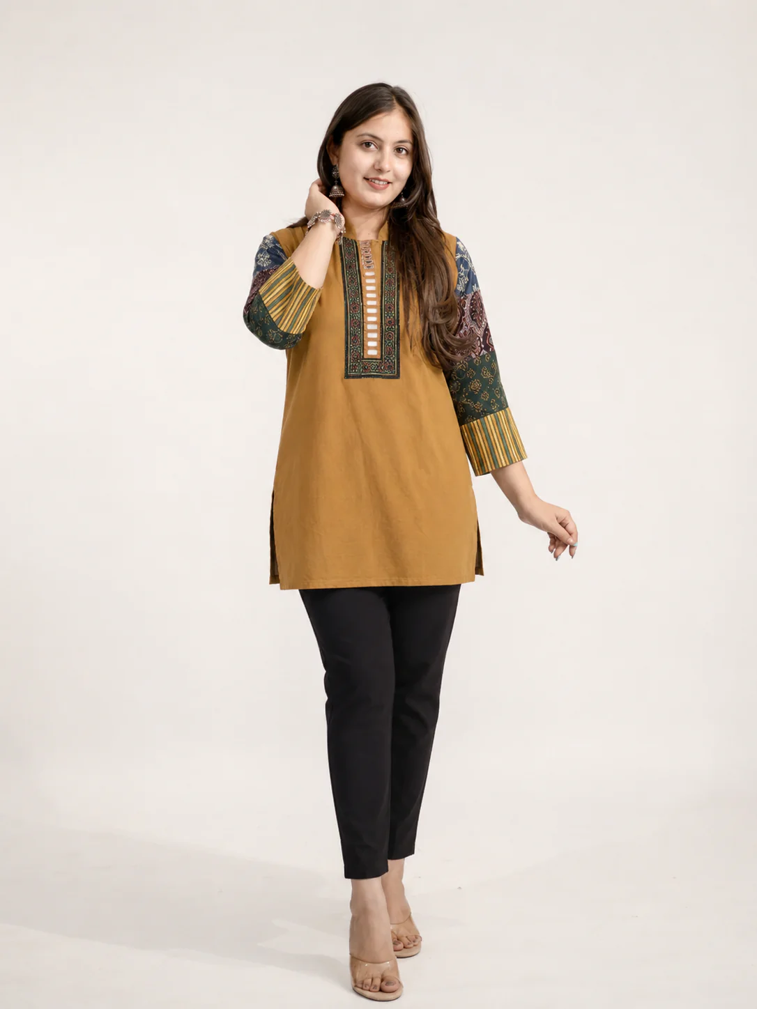 Aanya Mustard Cotton Ajrakh Emboidered Short Top - Image 3