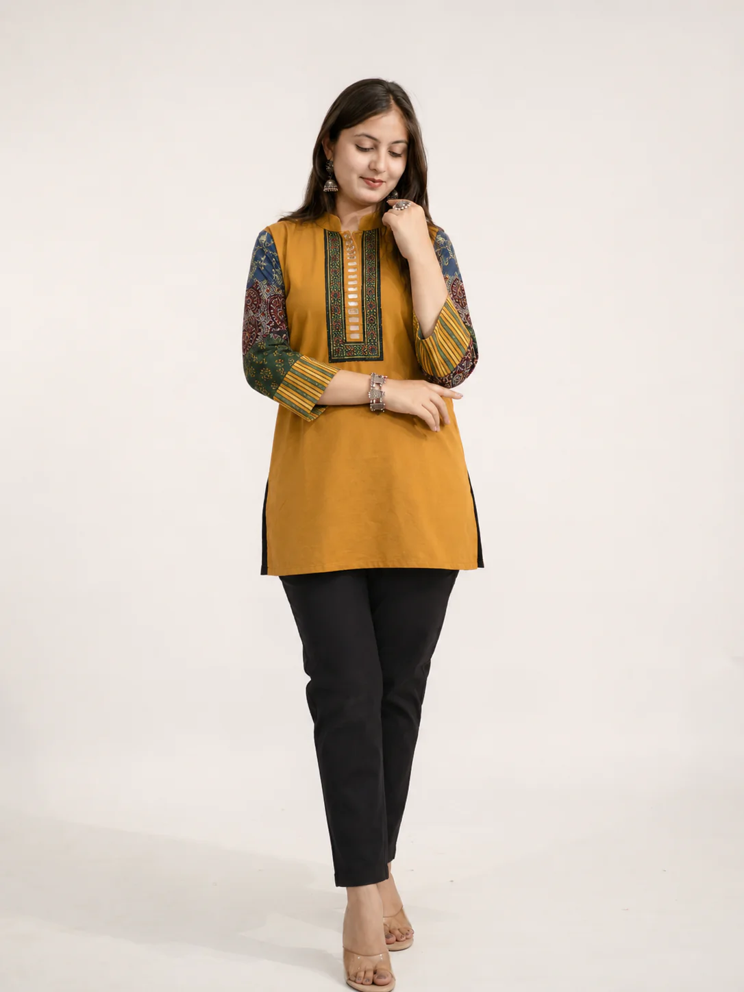 Aanya Mustard Cotton Ajrakh Emboidered Short Top - Image 4