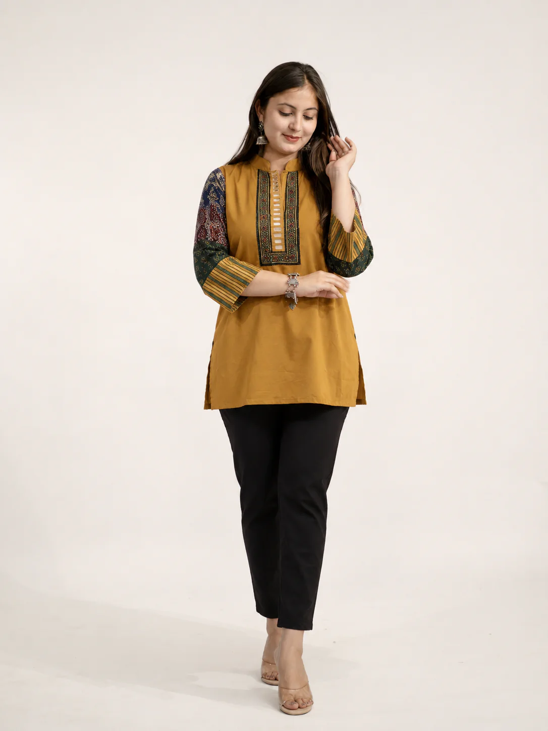 Aanya Mustard Cotton Ajrakh Emboidered Short Top - Image 5