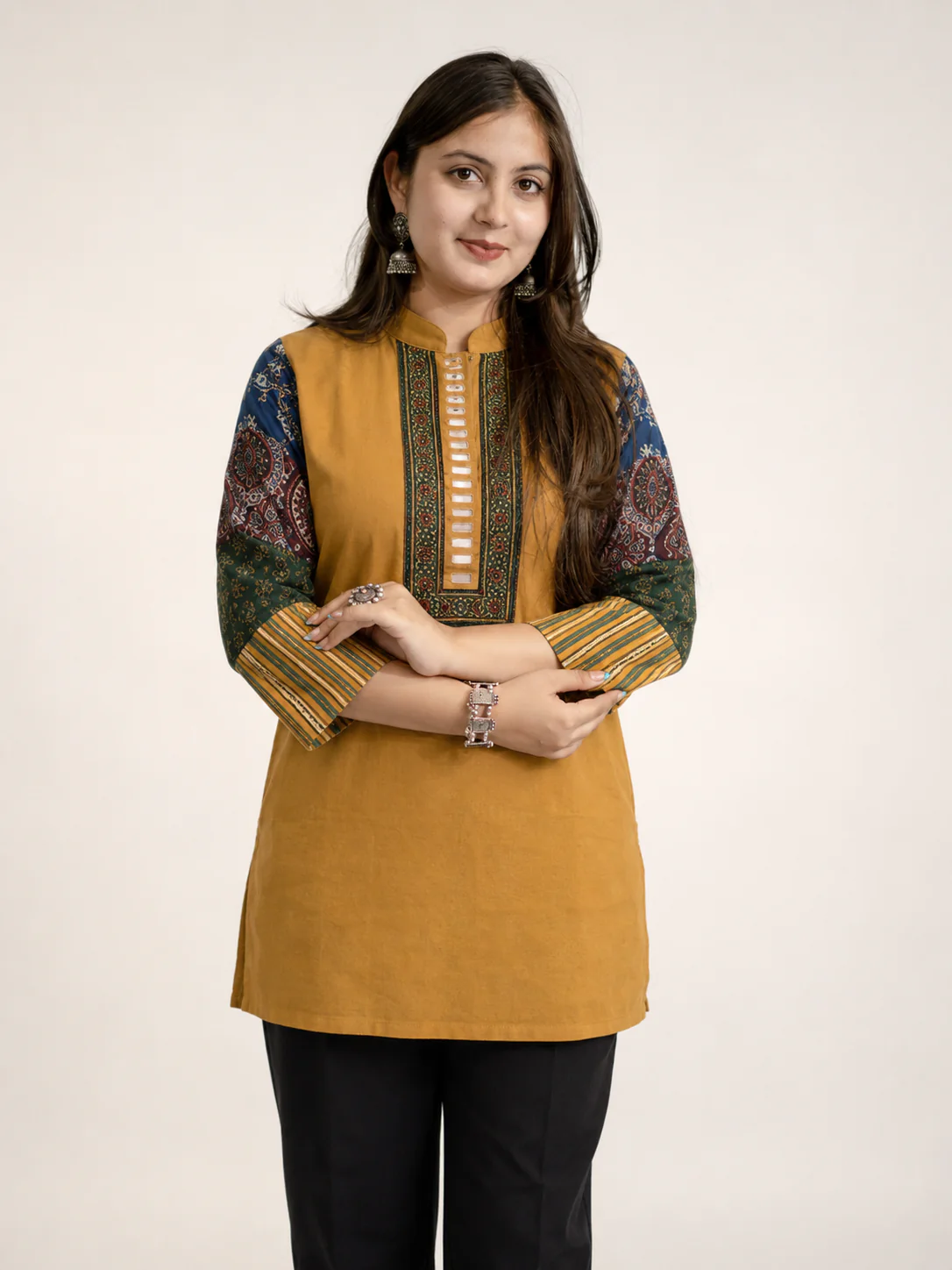 Aanya Mustard Cotton Ajrakh Emboidered Short Top - Image 6