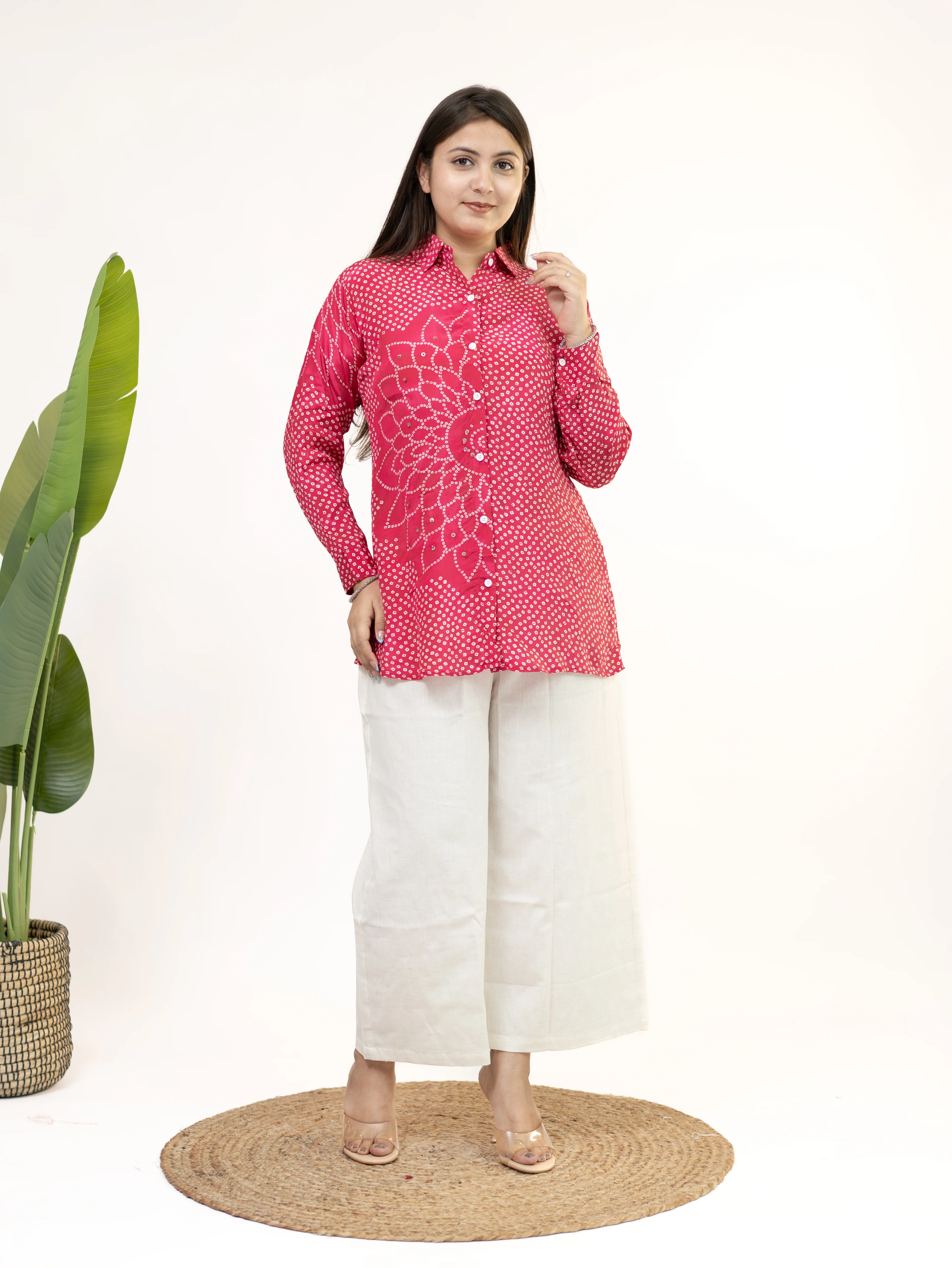 Adani Pink Crepe Bandhani HandDetailed Shirt - Image 4