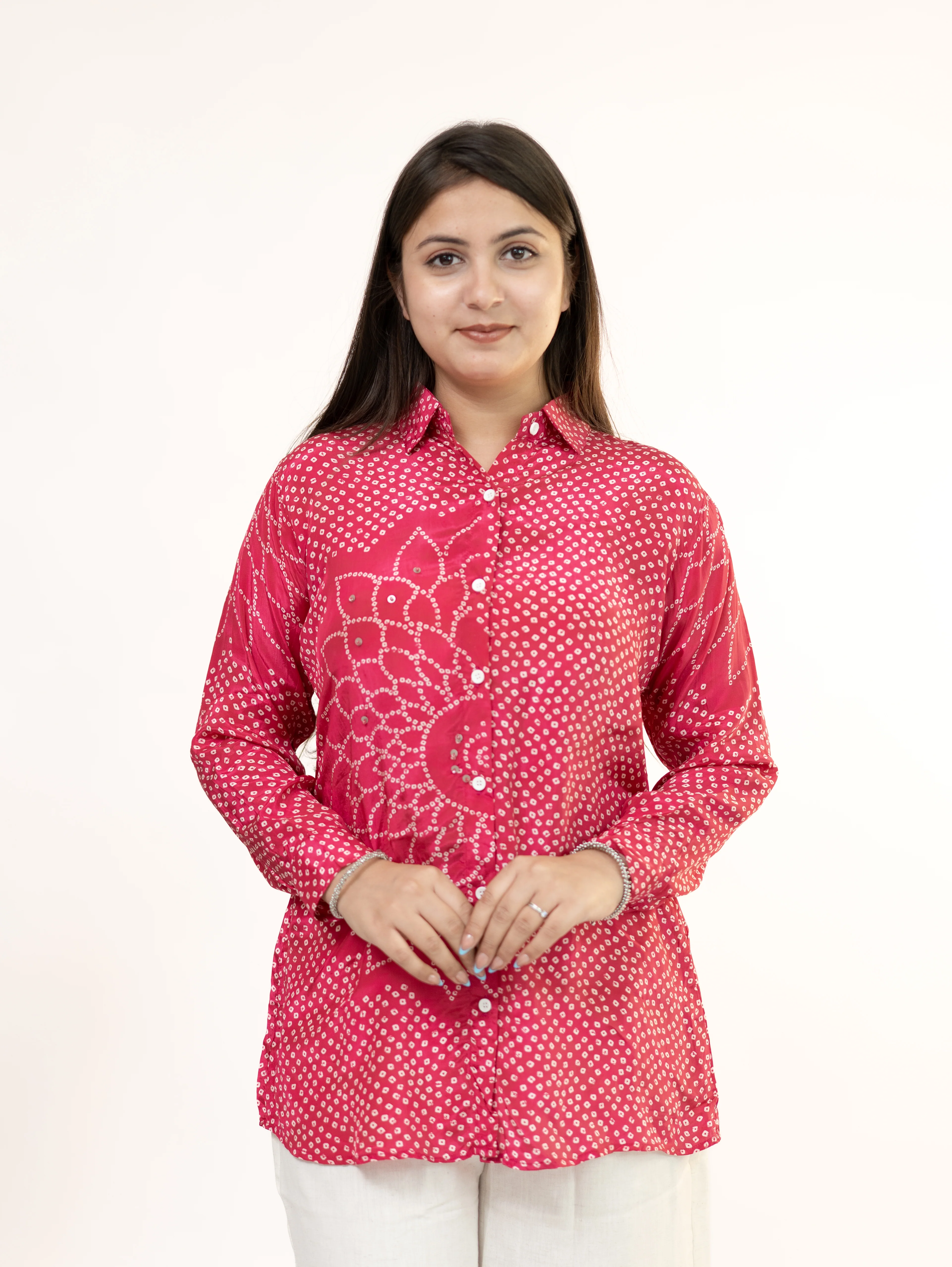 Adani Pink Crepe Bandhani HandDetailed Shirt - Image 5
