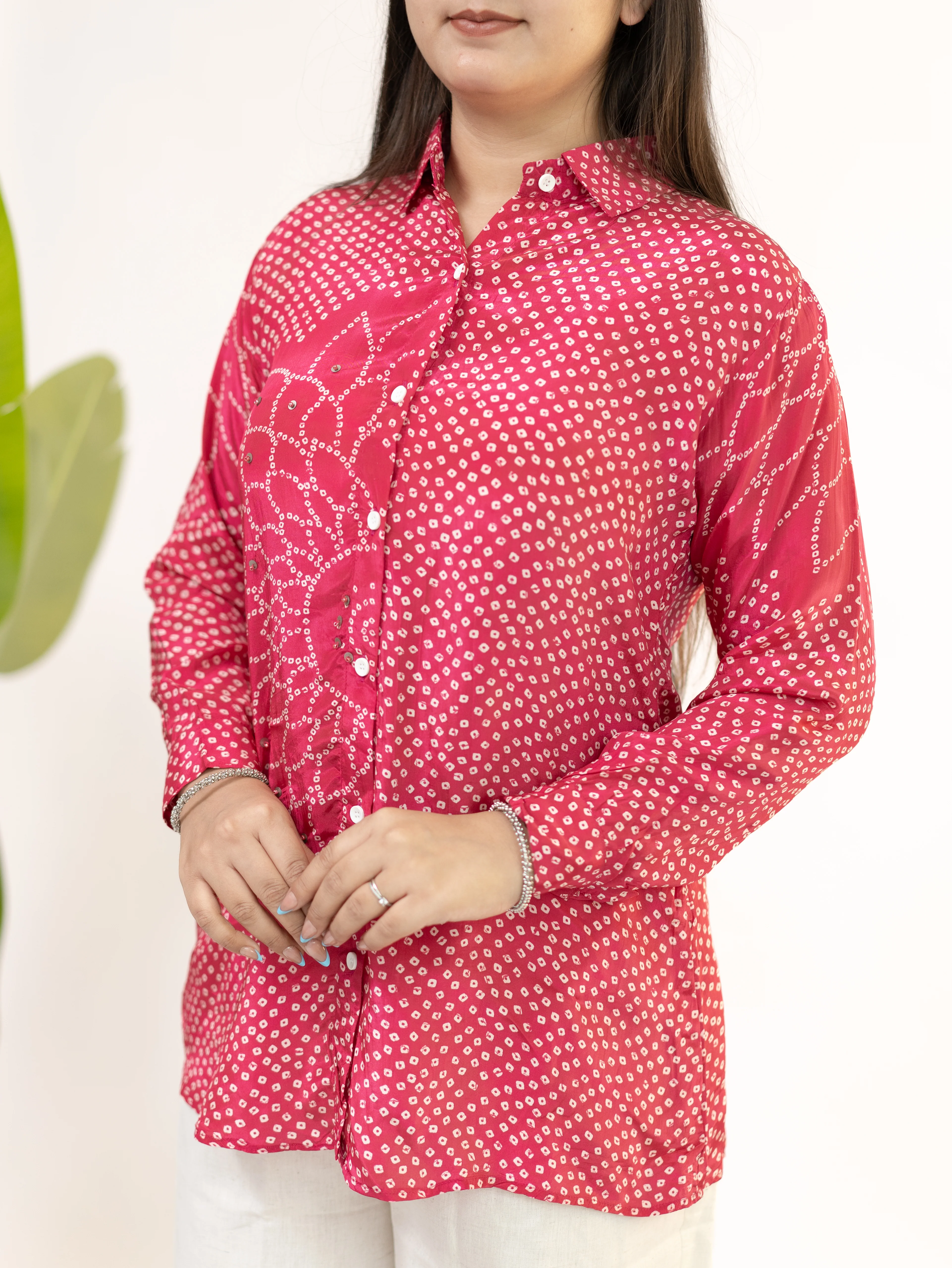 Adani Pink Crepe Bandhani HandDetailed Shirt - Image 6