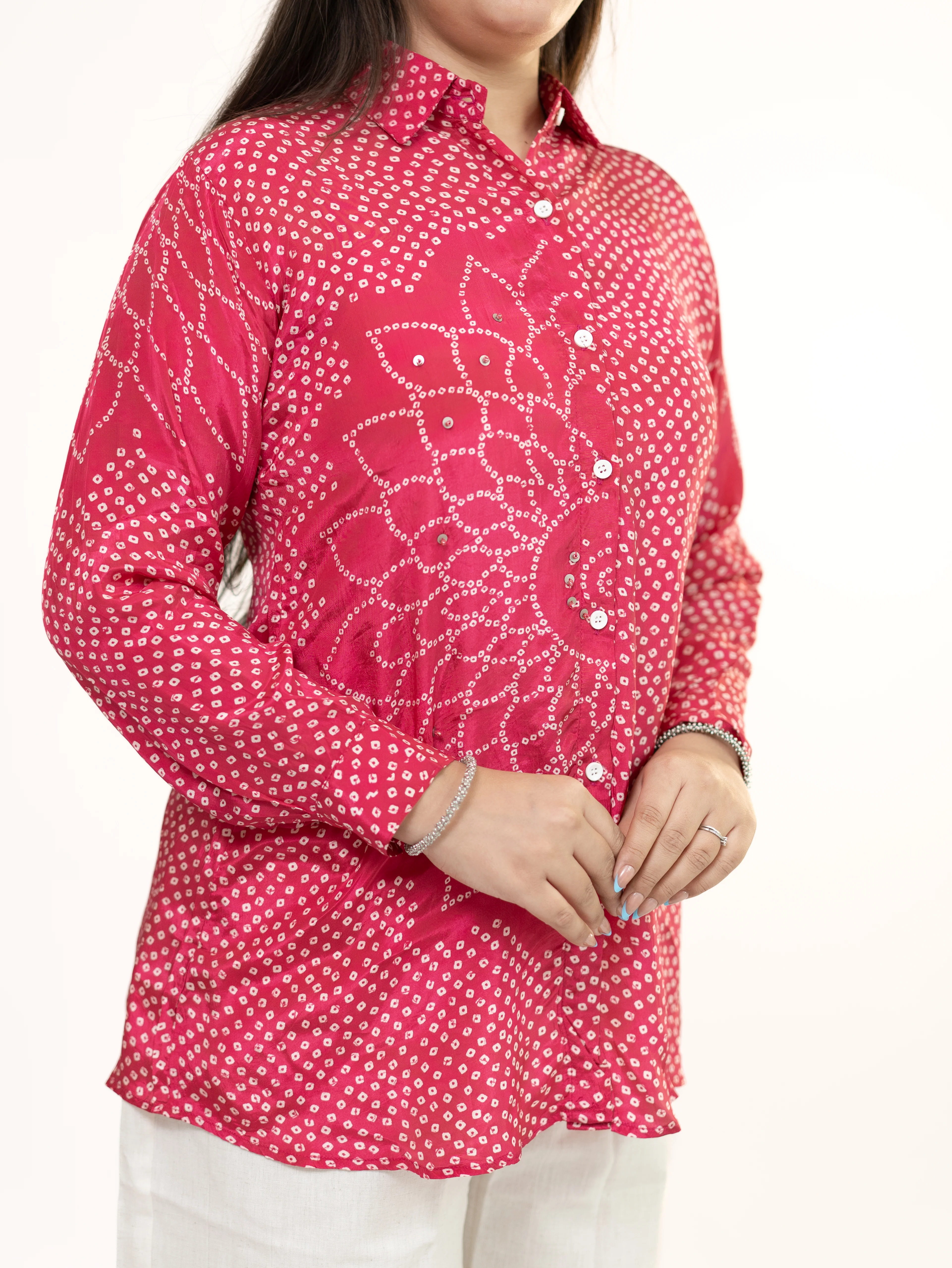 Adani Pink Crepe Bandhani HandDetailed Shirt - Image 7