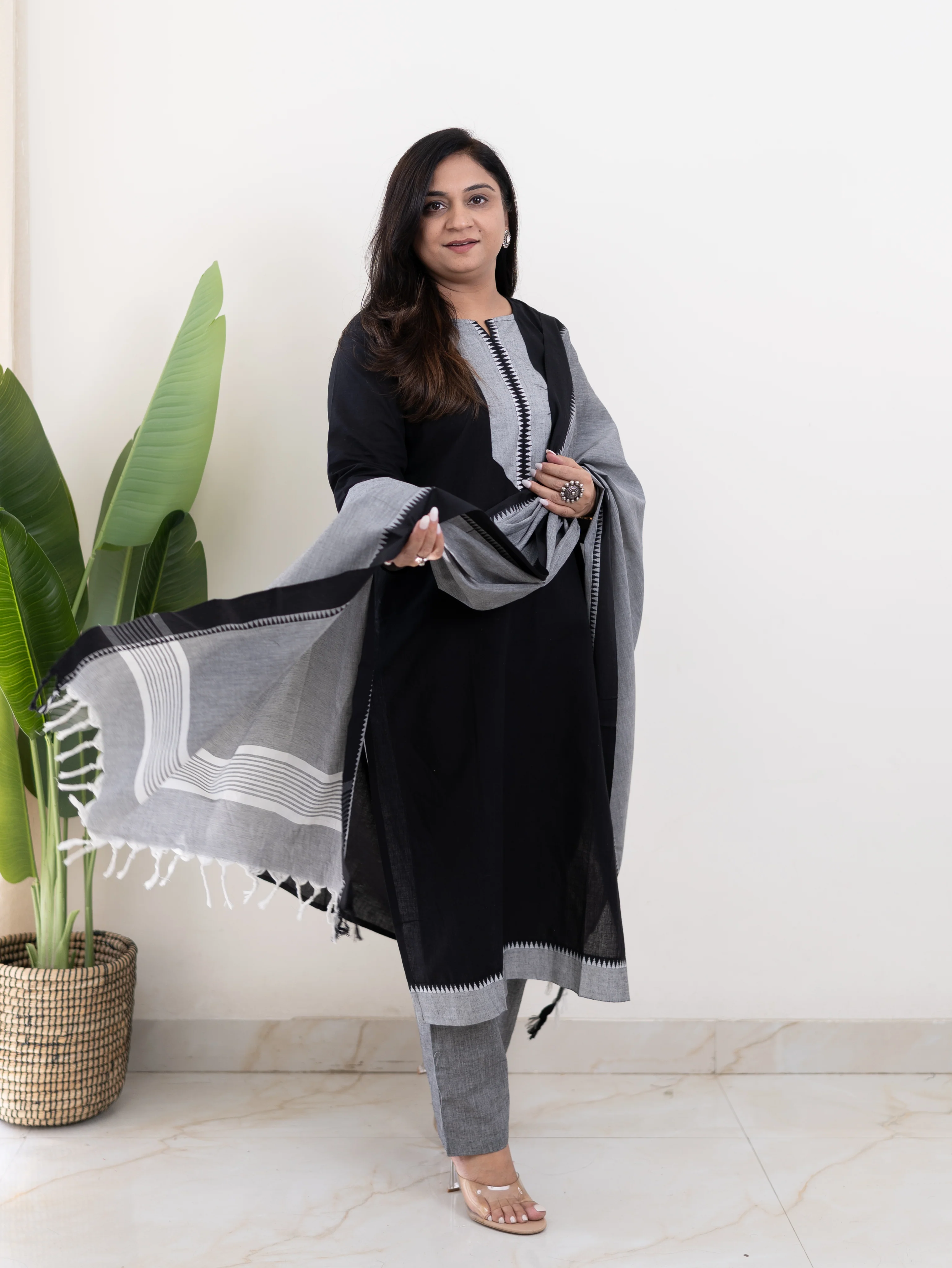 Adrita Black Handloom Cotton Straight Dupatta Set - Image 6