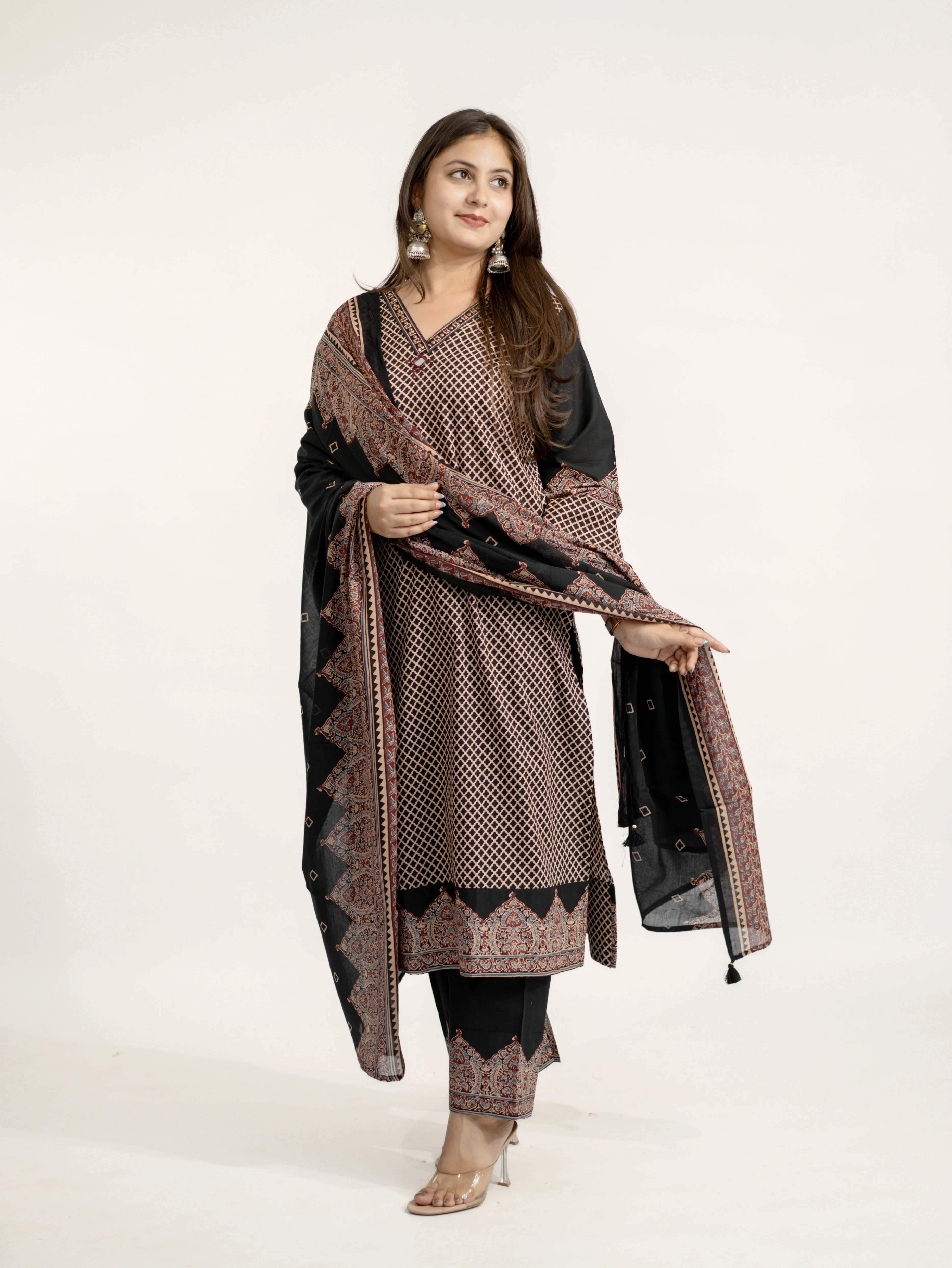 Safa Black Ajrakh Cotton HandEmbroidered Dupatta Set - Image 10