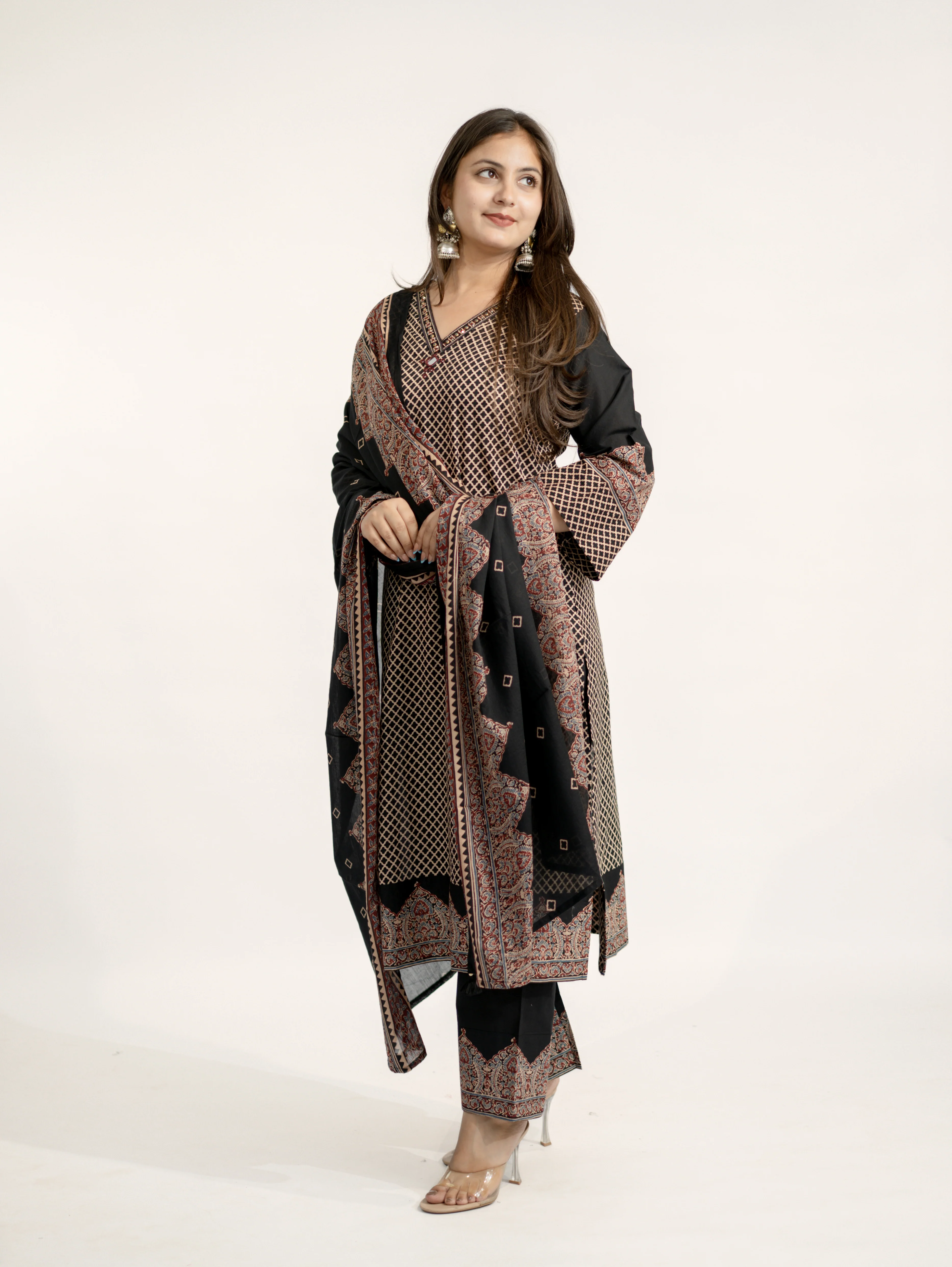 Safa Black Ajrakh Cotton HandEmbroidered Dupatta Set - Image 11