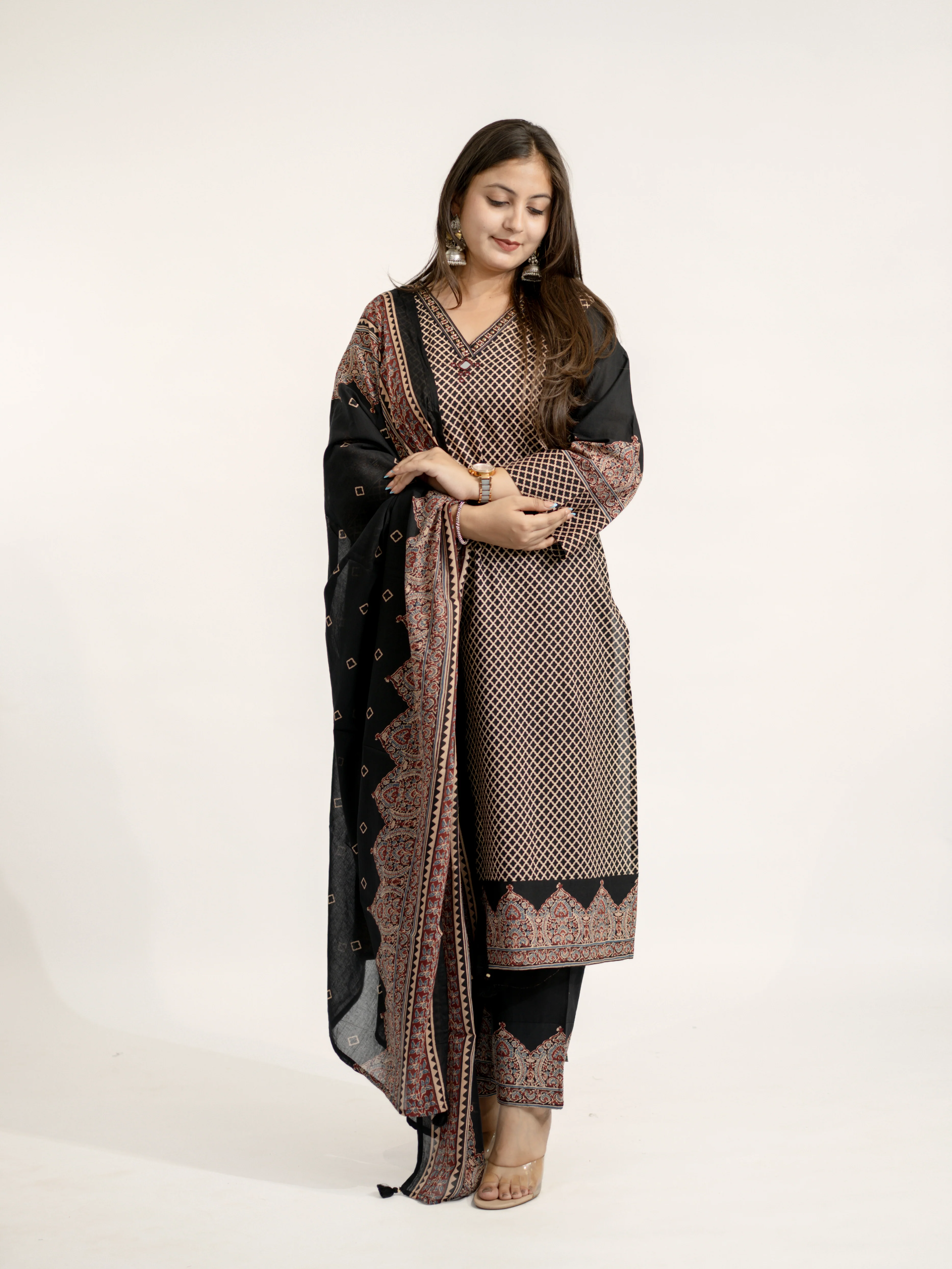 Safa Black Ajrakh Cotton HandEmbroidered Dupatta Set - Image 12
