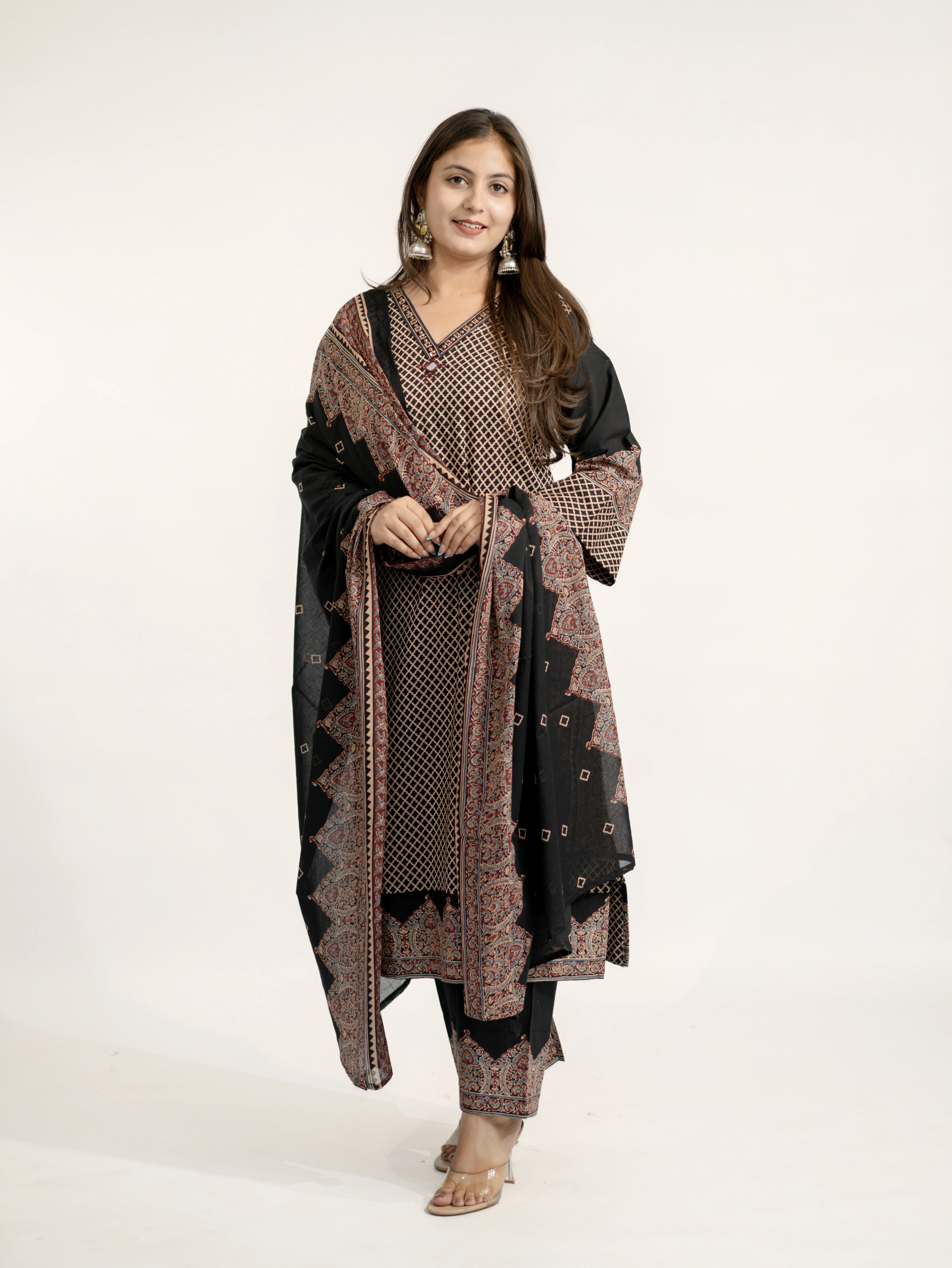 Safa Black Ajrakh Cotton HandEmbroidered Dupatta Set - Image 13