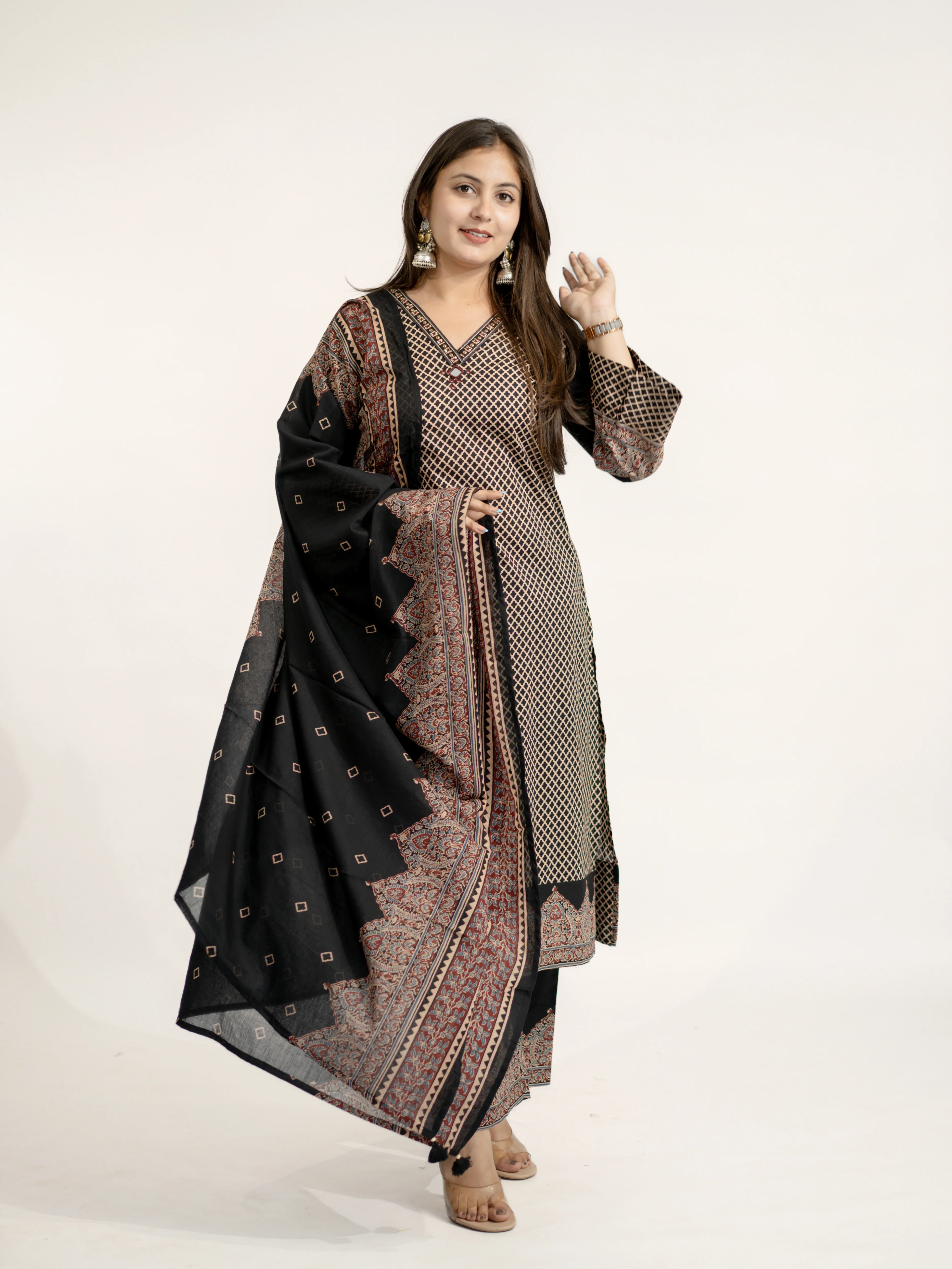 Safa Black Ajrakh Cotton HandEmbroidered Dupatta Set - Image 14
