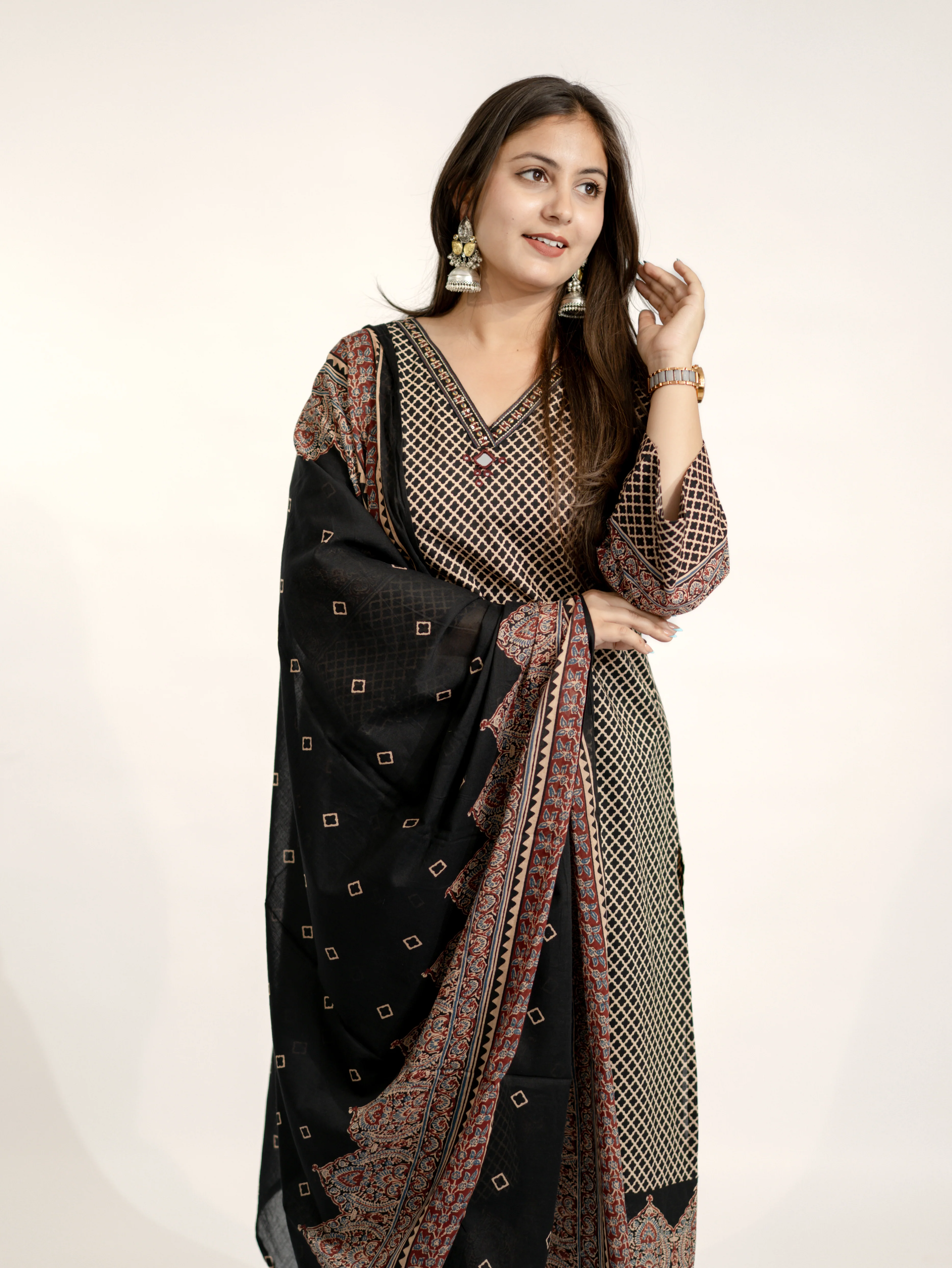 Safa Black Ajrakh Cotton HandEmbroidered Dupatta Set - Image 16