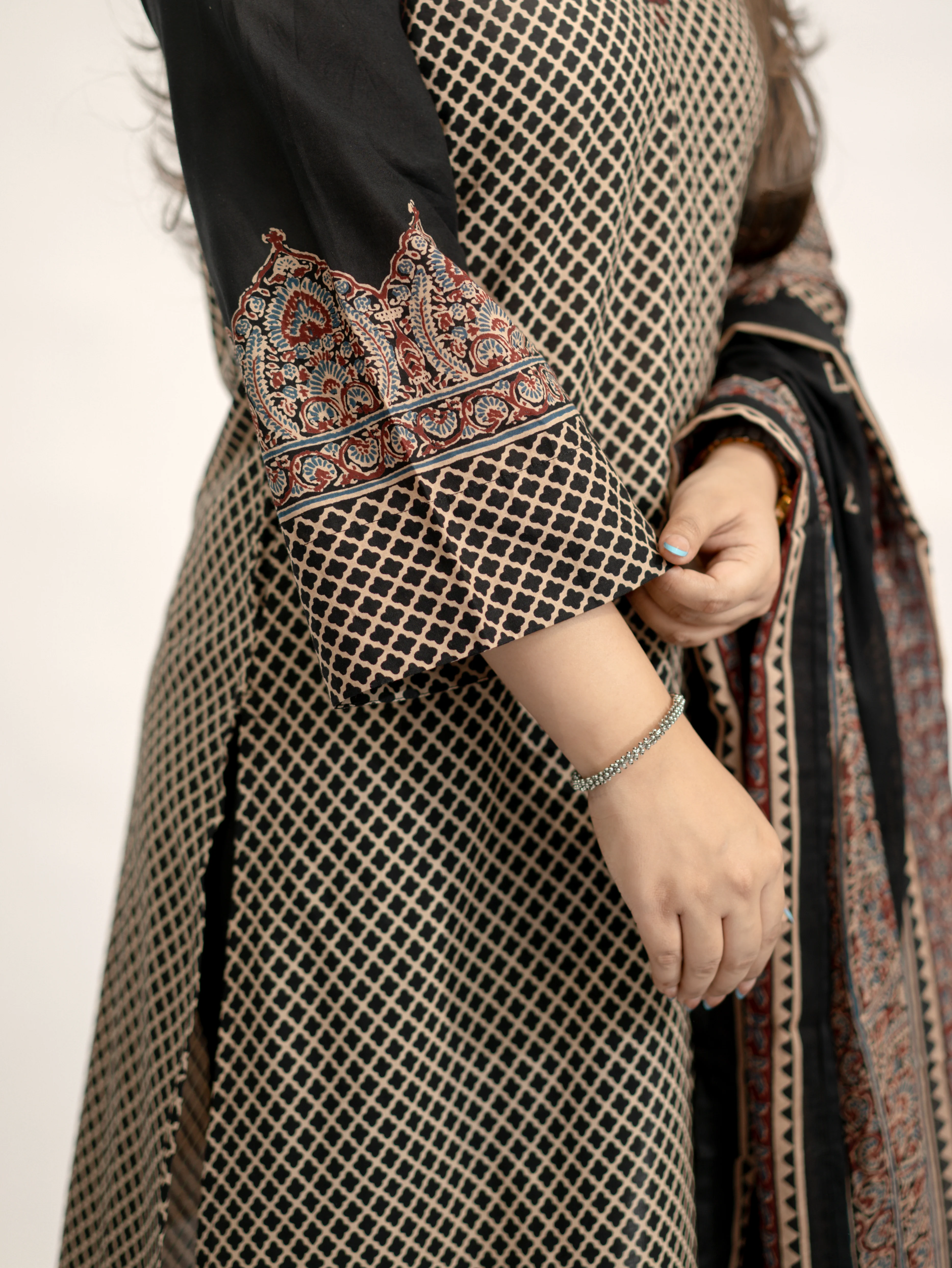 Safa Black Ajrakh Cotton HandEmbroidered Dupatta Set - Image 18