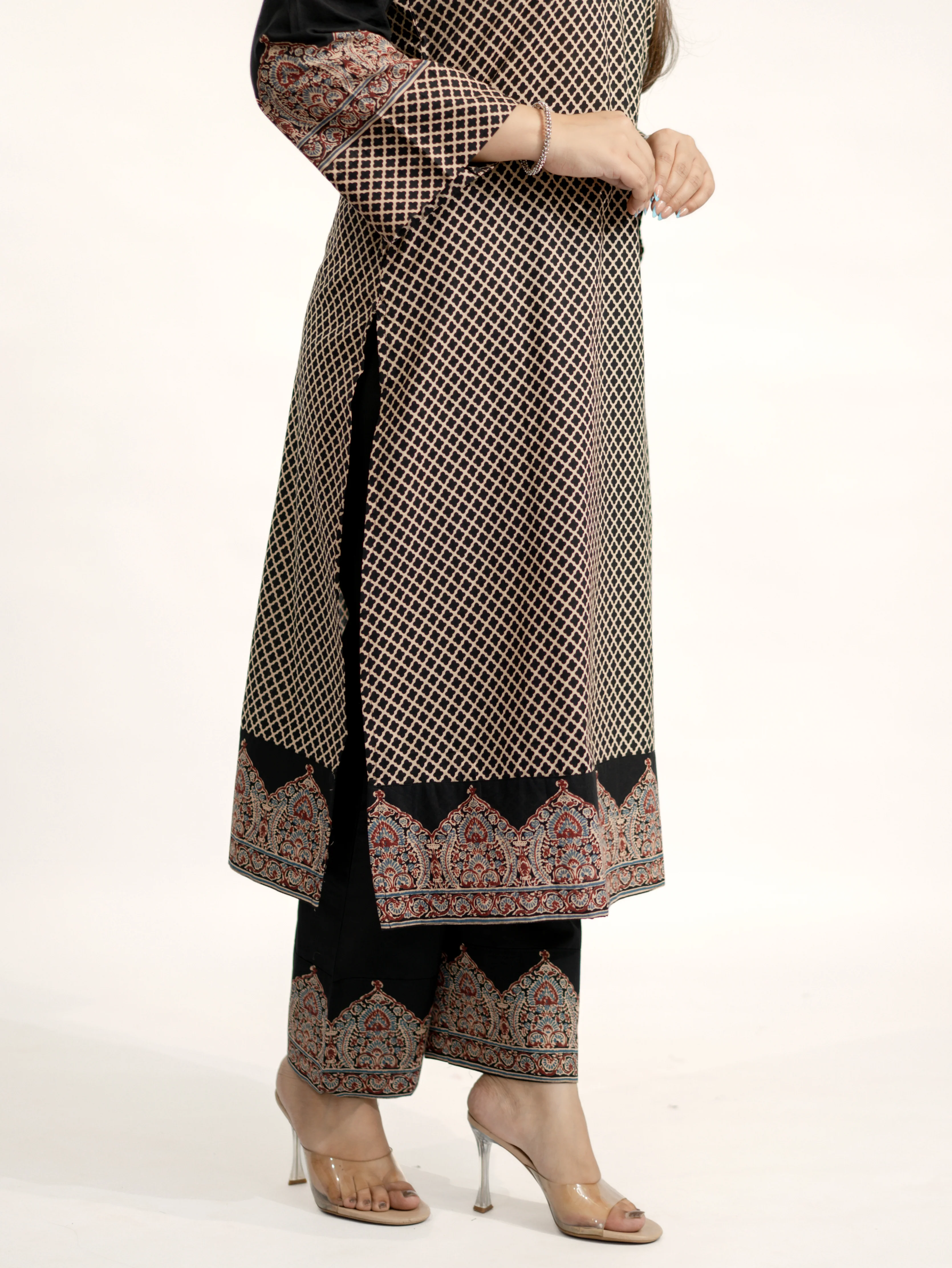 Safa Black Ajrakh Cotton HandEmbroidered Dupatta Set - Image 20