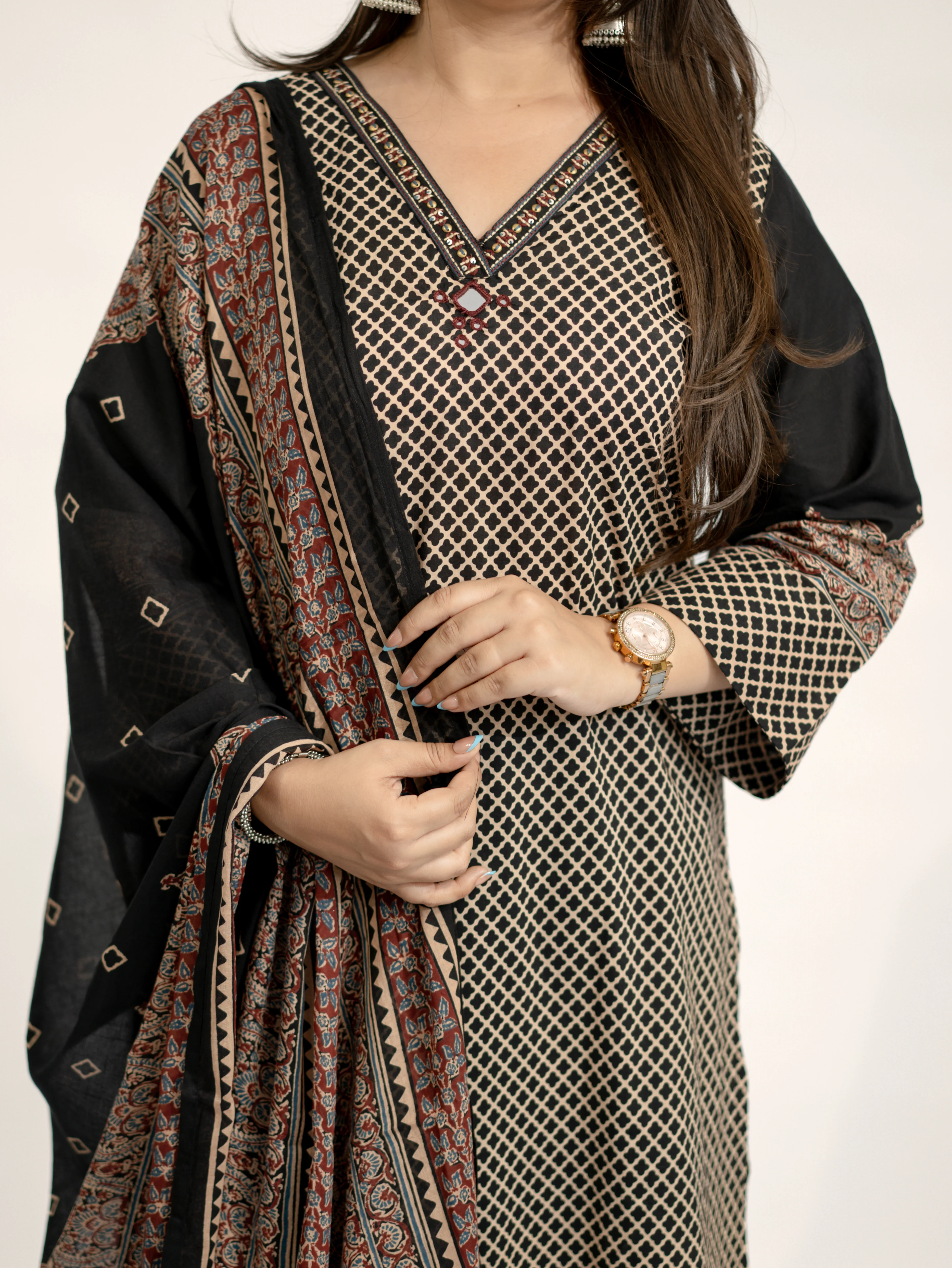Safa Black Ajrakh Cotton HandEmbroidered Dupatta Set - Image 21