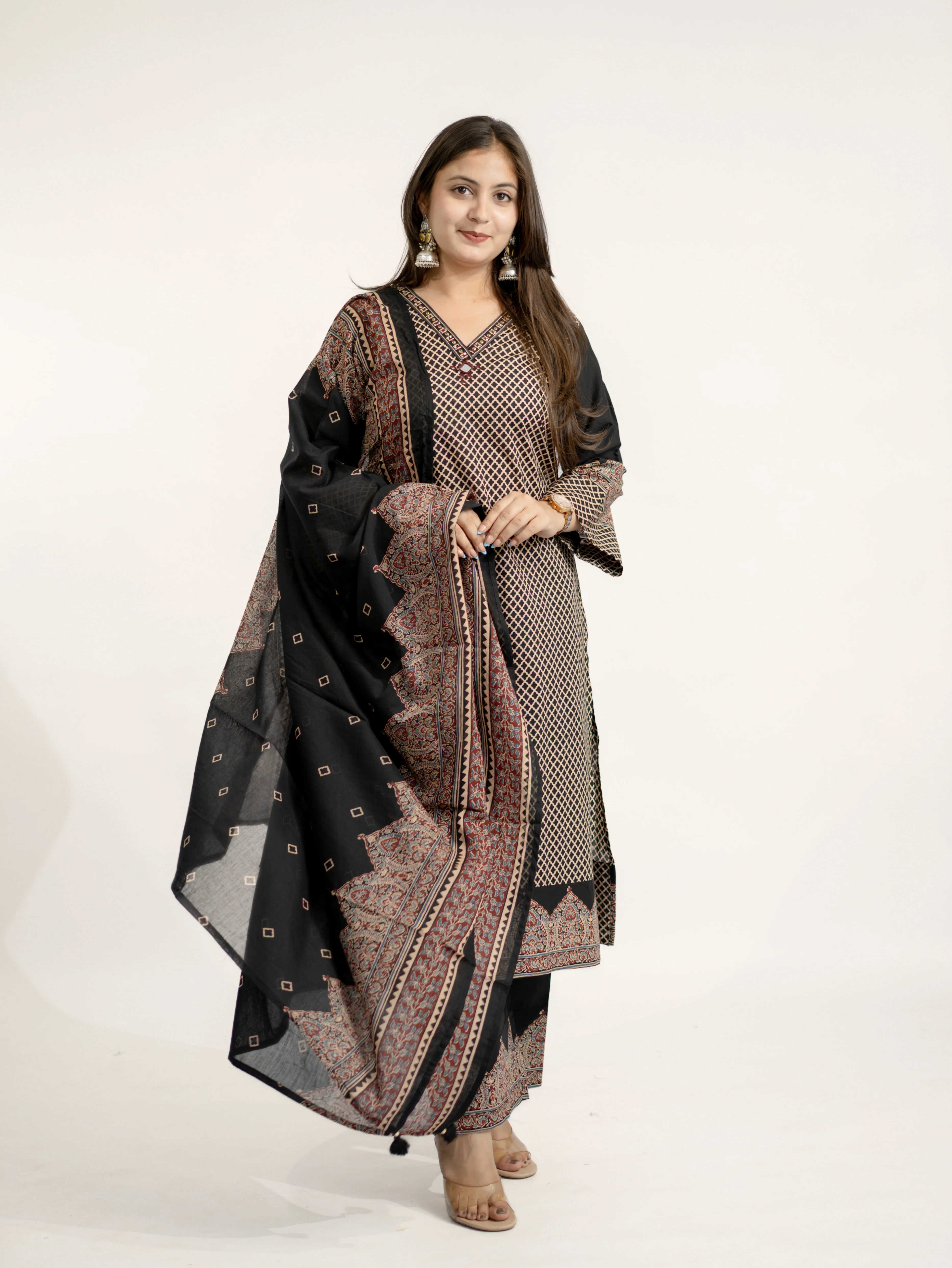 Safa Black Ajrakh Cotton HandEmbroidered Dupatta Set - Image 3