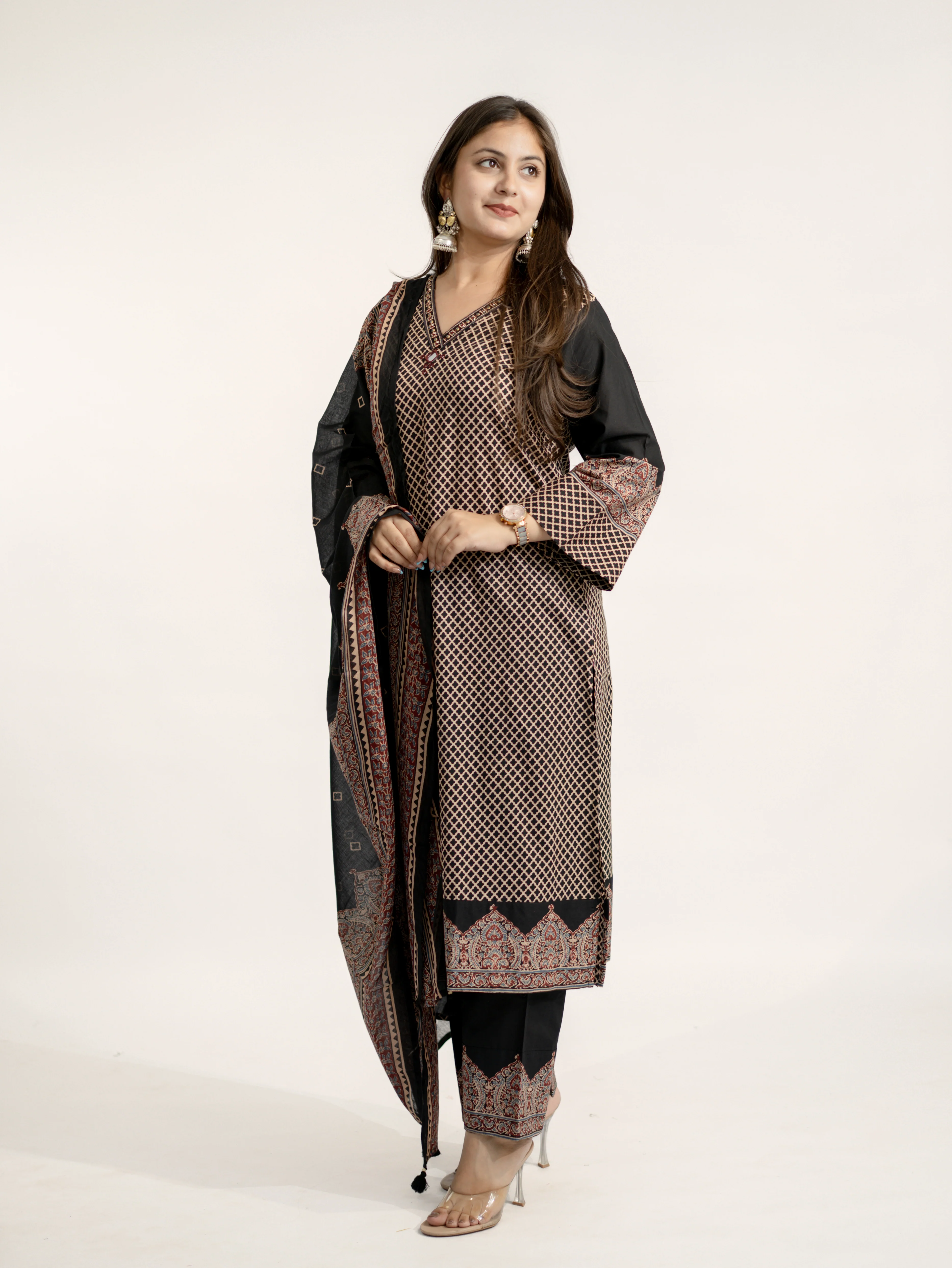 Safa Black Ajrakh Cotton HandEmbroidered Dupatta Set - Image 5
