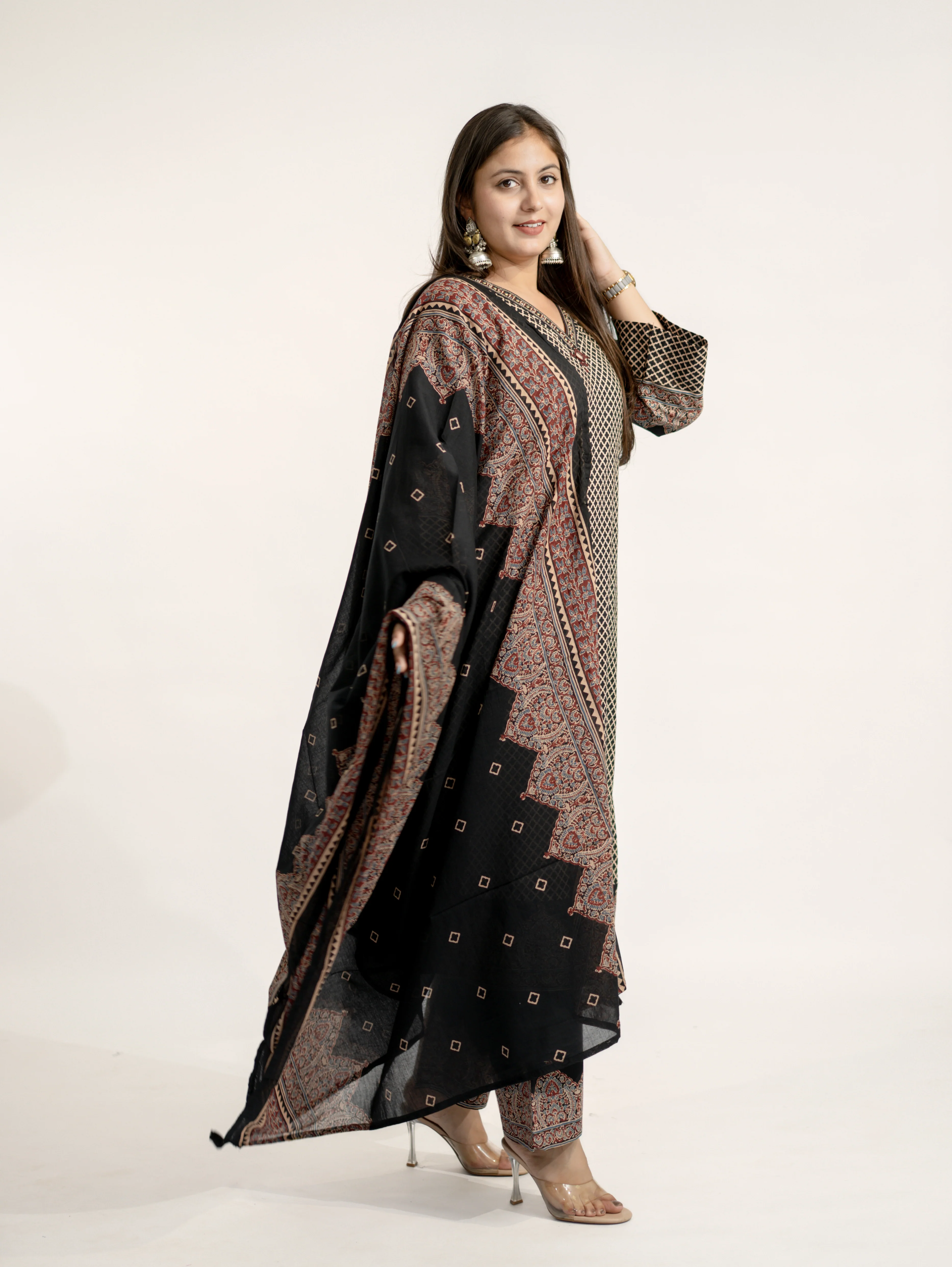 Safa Black Ajrakh Cotton HandEmbroidered Dupatta Set - Image 6