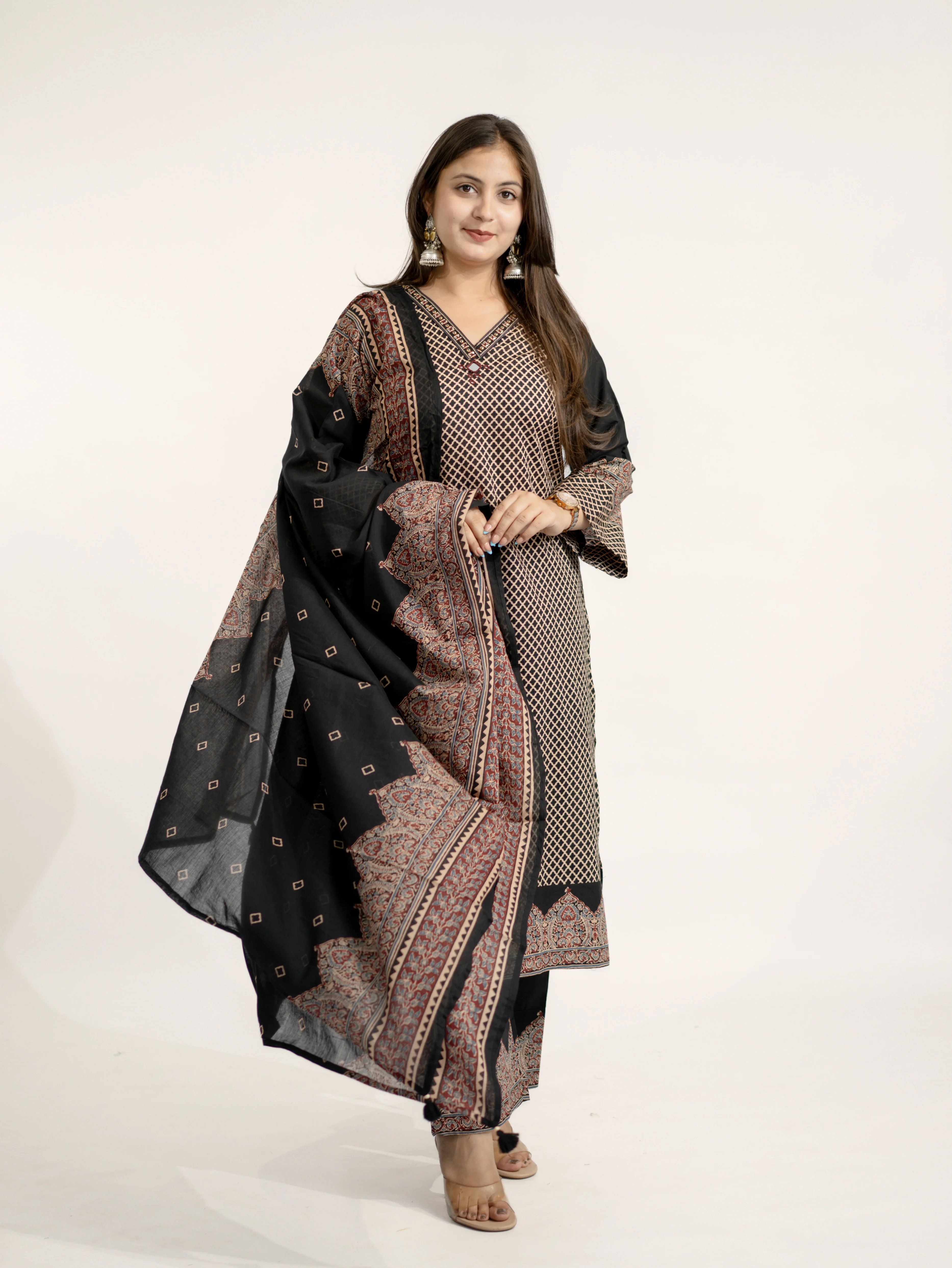 Safa Black Ajrakh Cotton HandEmbroidered Dupatta Set - Image 7