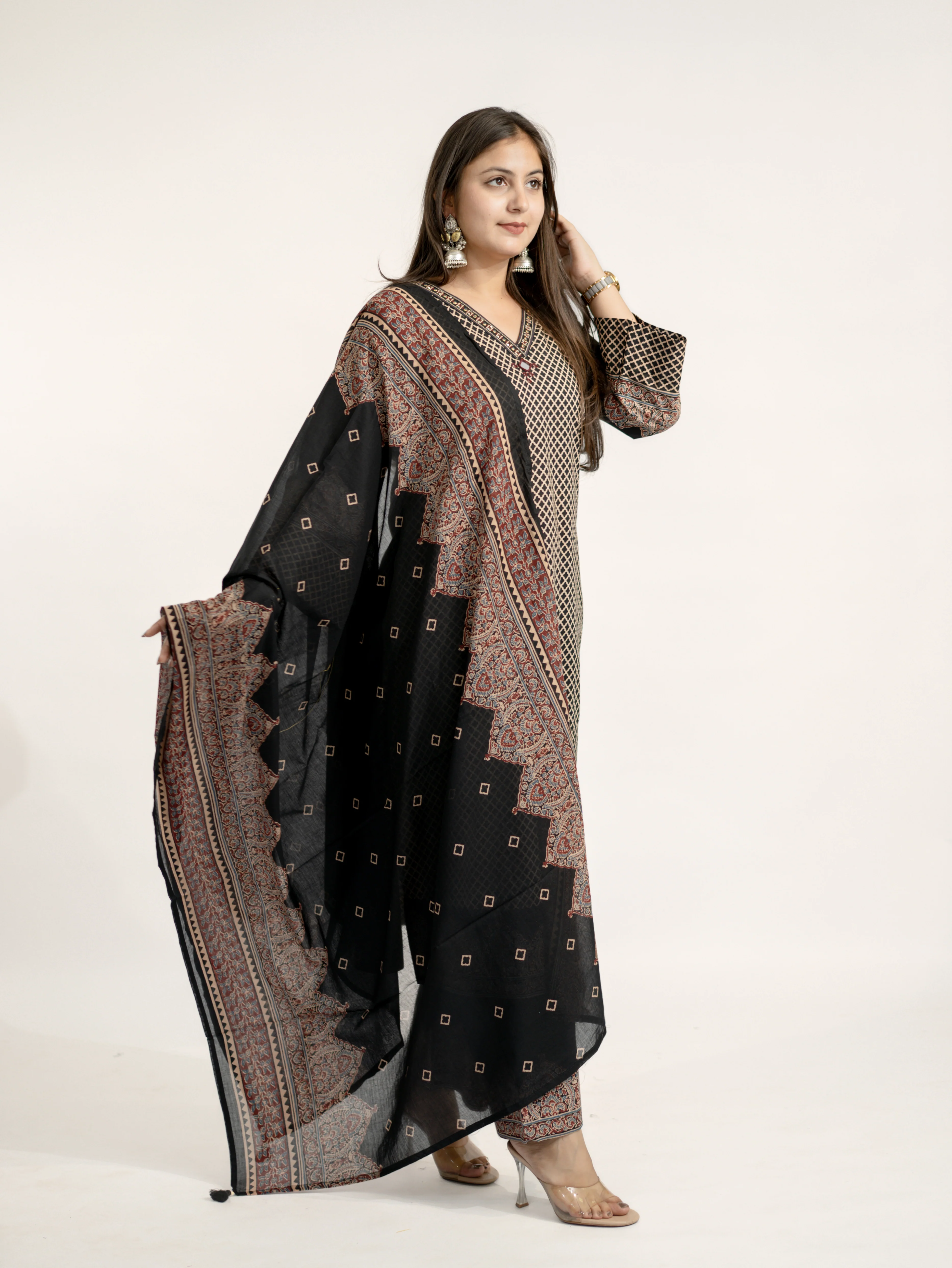 Safa Black Ajrakh Cotton HandEmbroidered Dupatta Set - Image 8