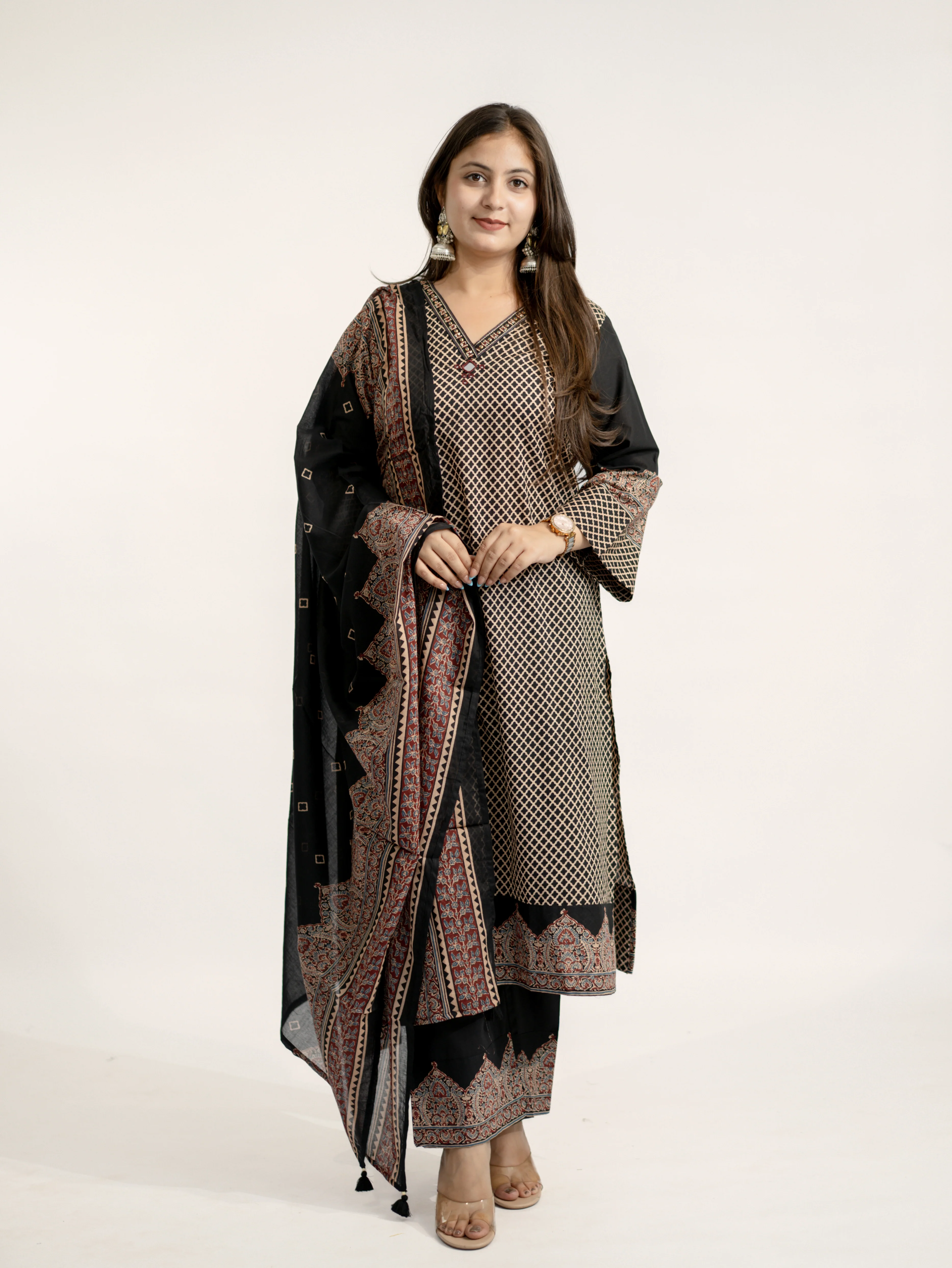 Safa Black Ajrakh Cotton HandEmbroidered Dupatta Set - Image 9