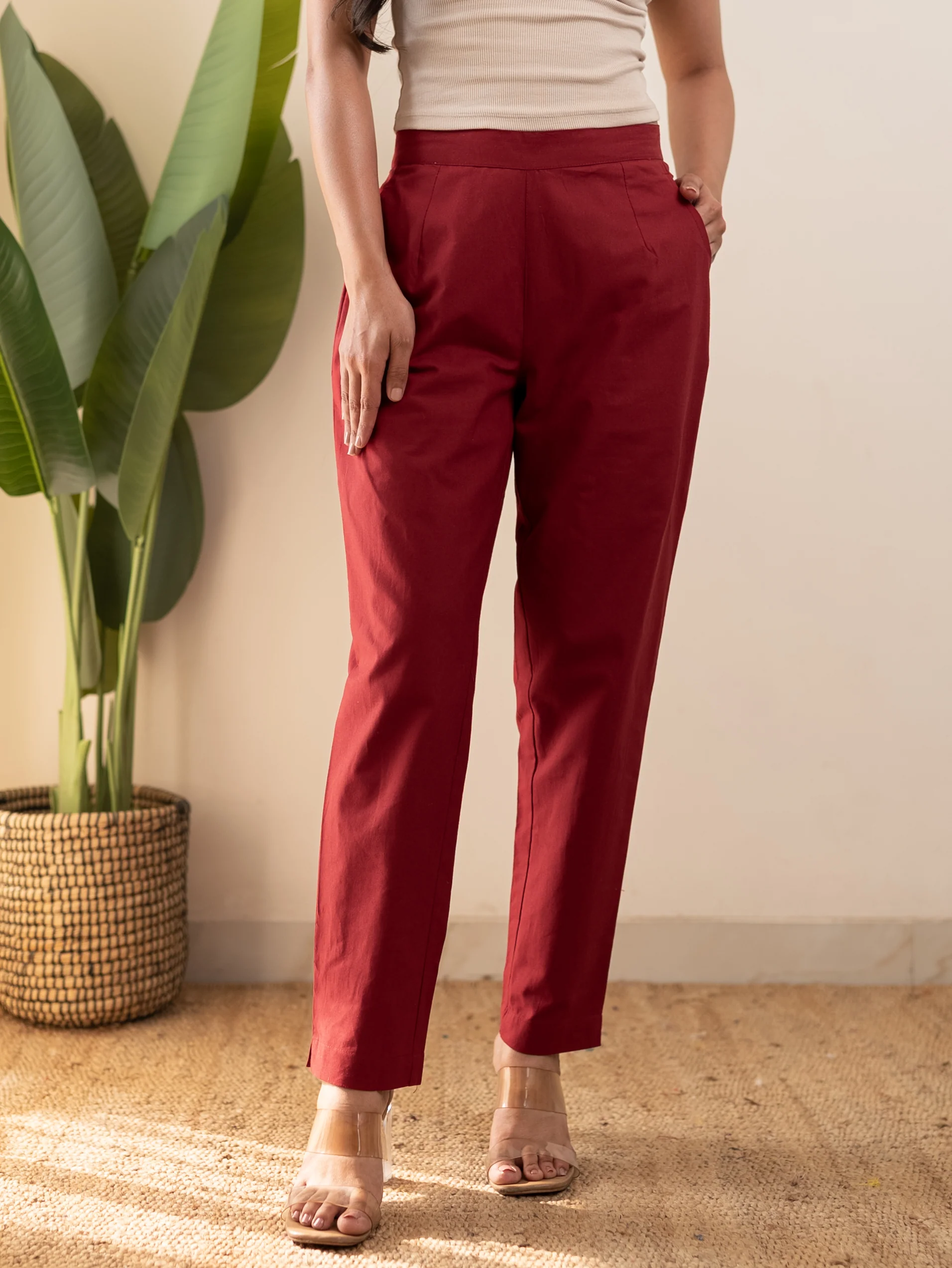 All-Day Cotton Straight Pant for Women-Maroon - Image 12