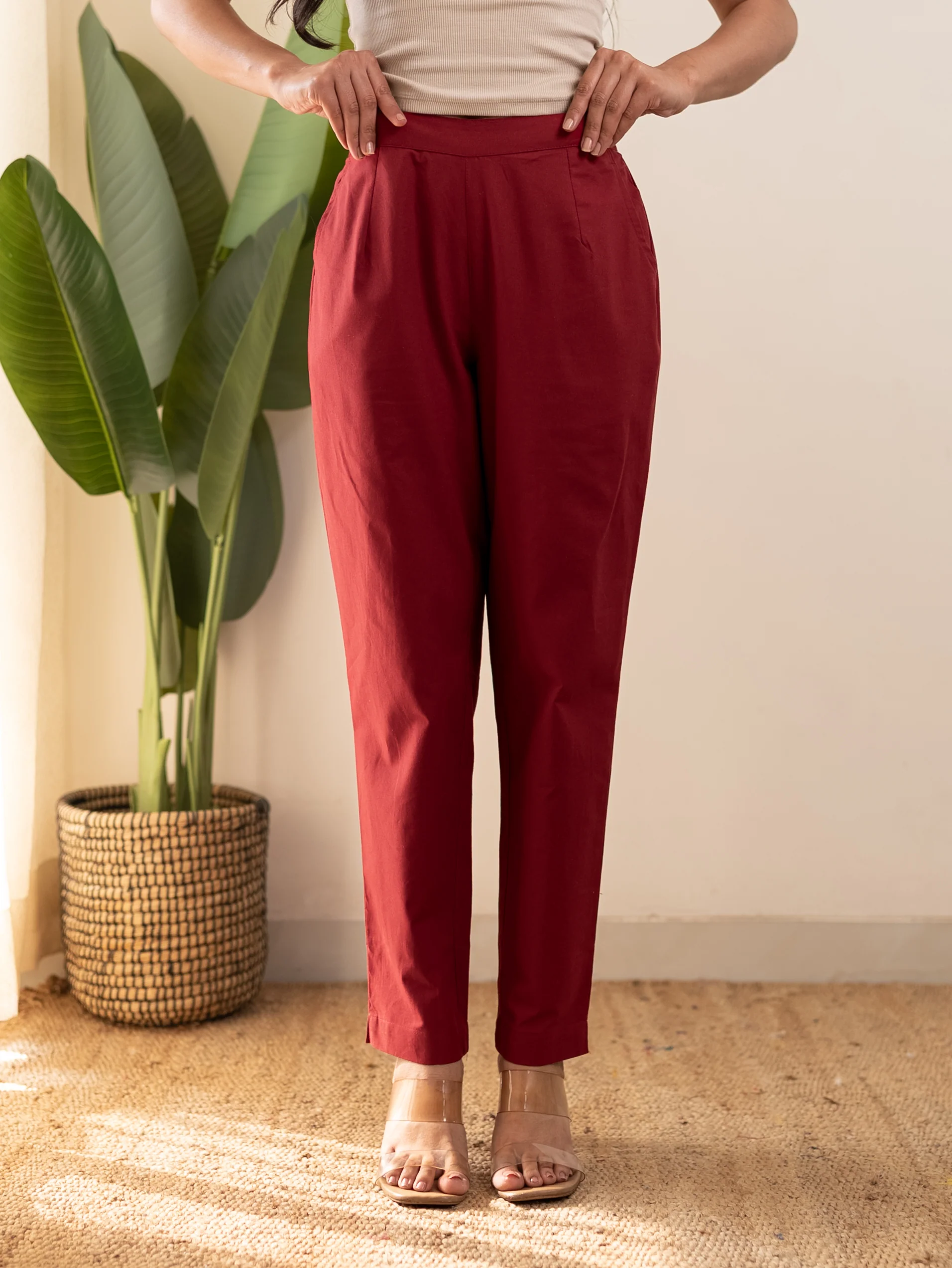 All-Day Cotton Straight Pant for Women-Maroon - Image 3