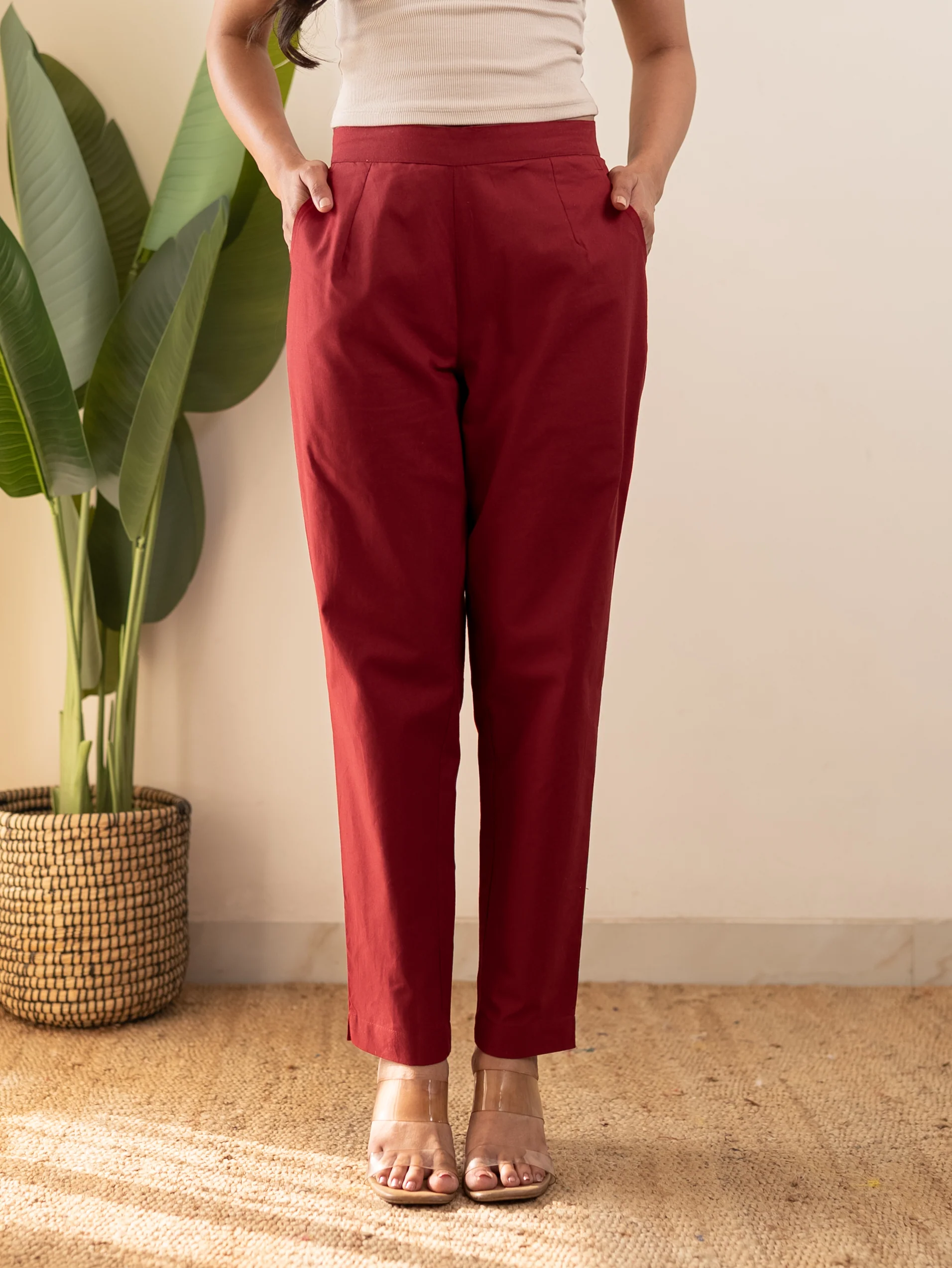 All-Day Cotton Straight Pant for Women-Maroon - Image 4