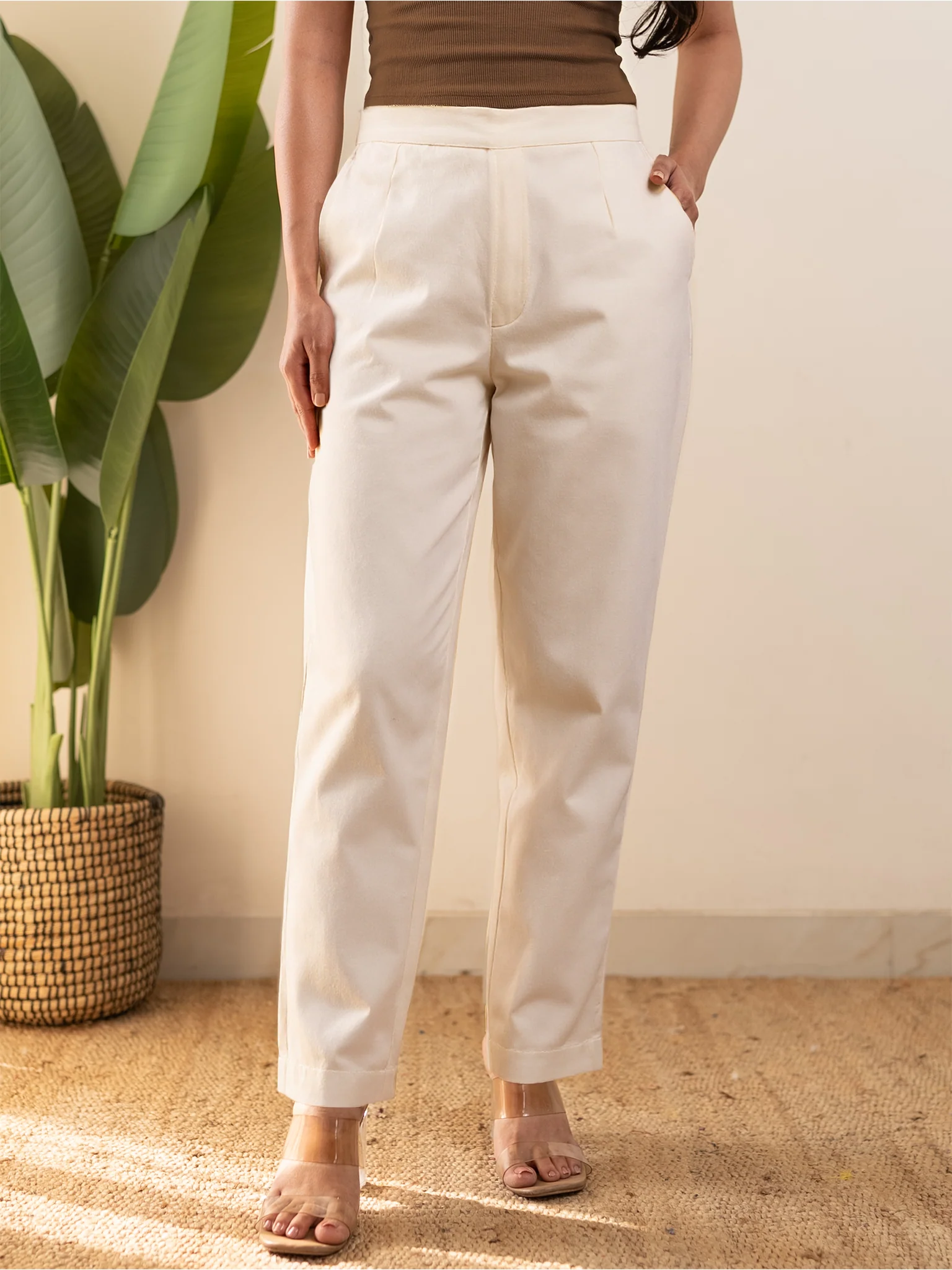 All-Day Cotton Straight Pant for Women-Off White - Image 3
