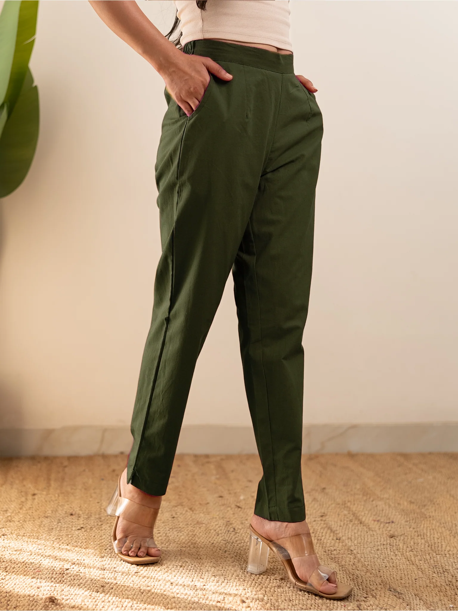 All-Day Cotton Straight Pant for Women-Olive Green - Image 3