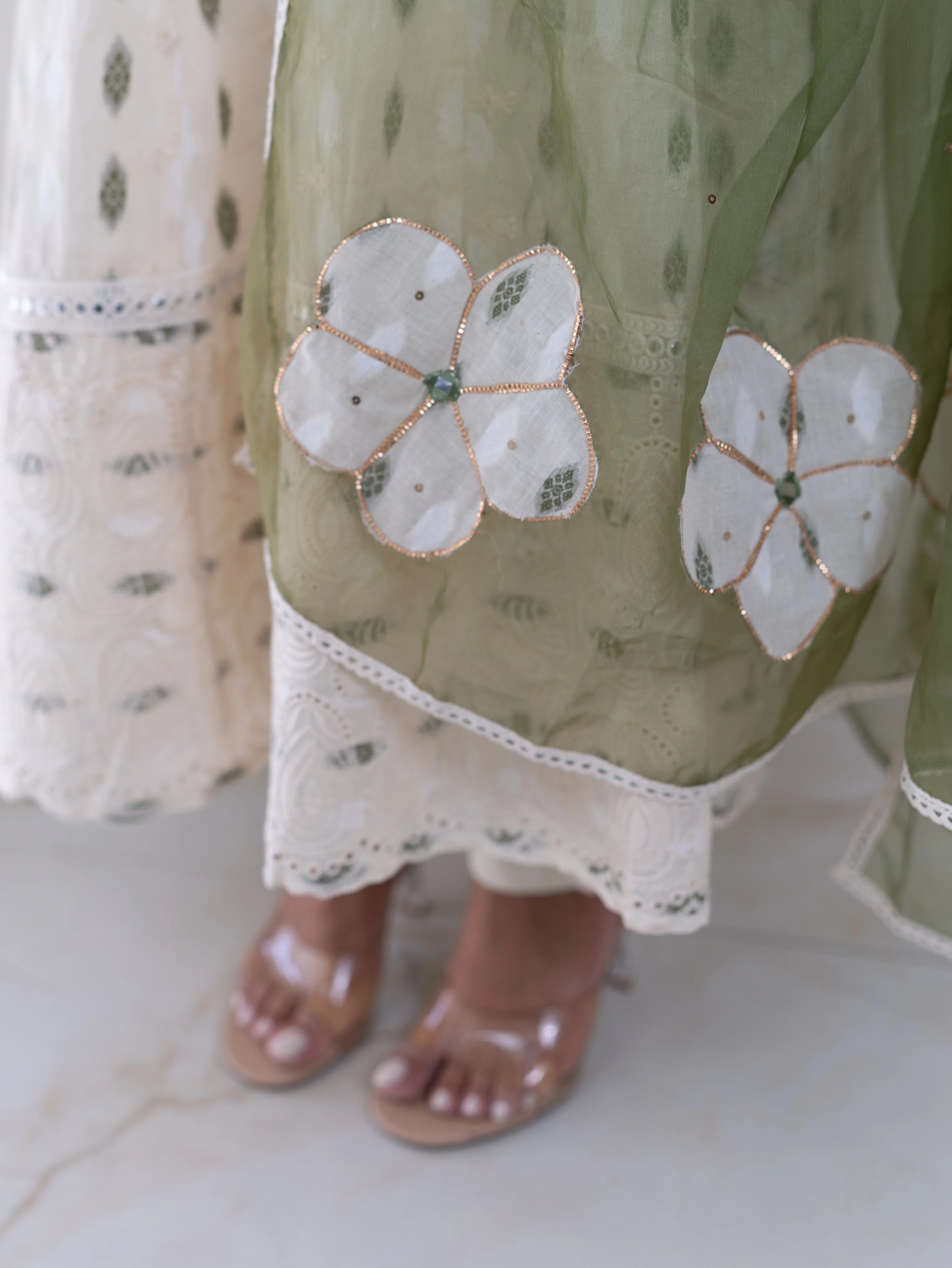 Amaisha Green Cotton Embroidered Anarkali with Applique Dupatta Set - Image 6