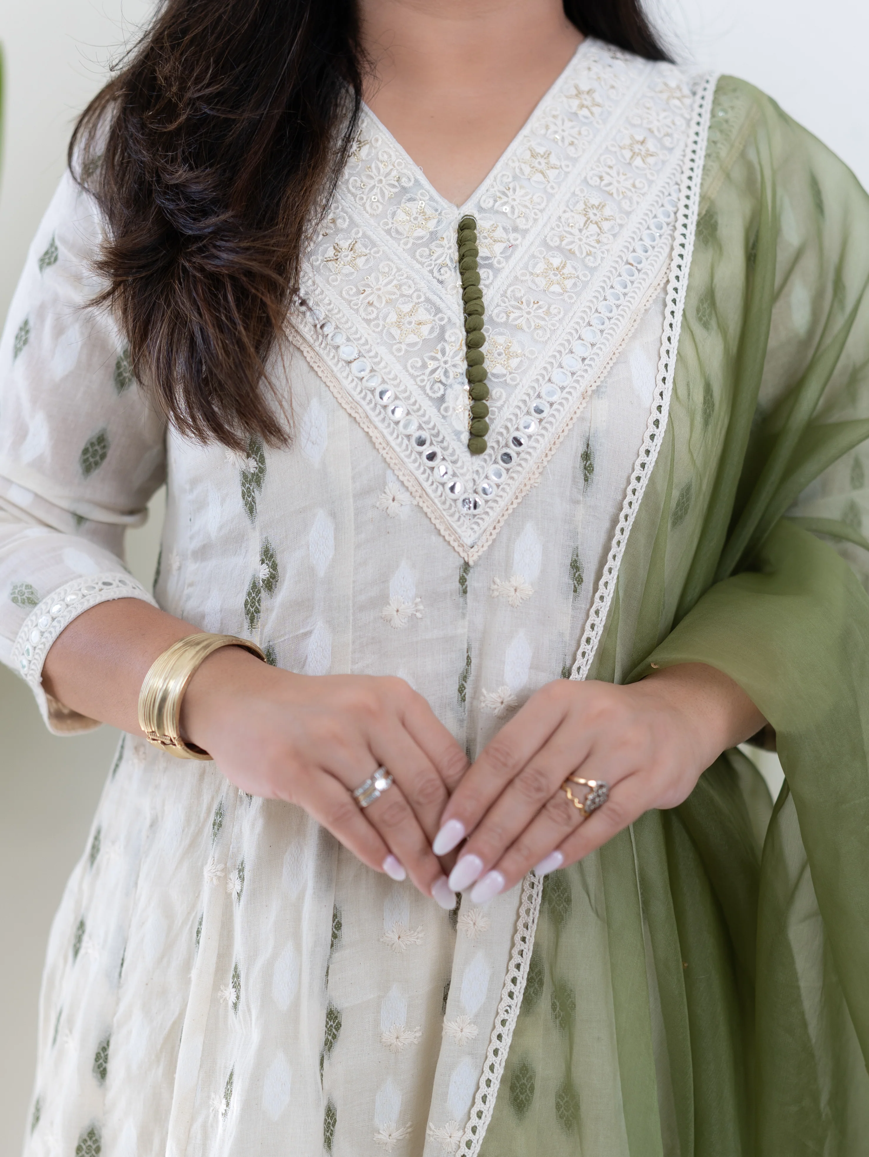 Amaisha Green Cotton Embroidered Anarkali with Applique Dupatta Set - Image 7