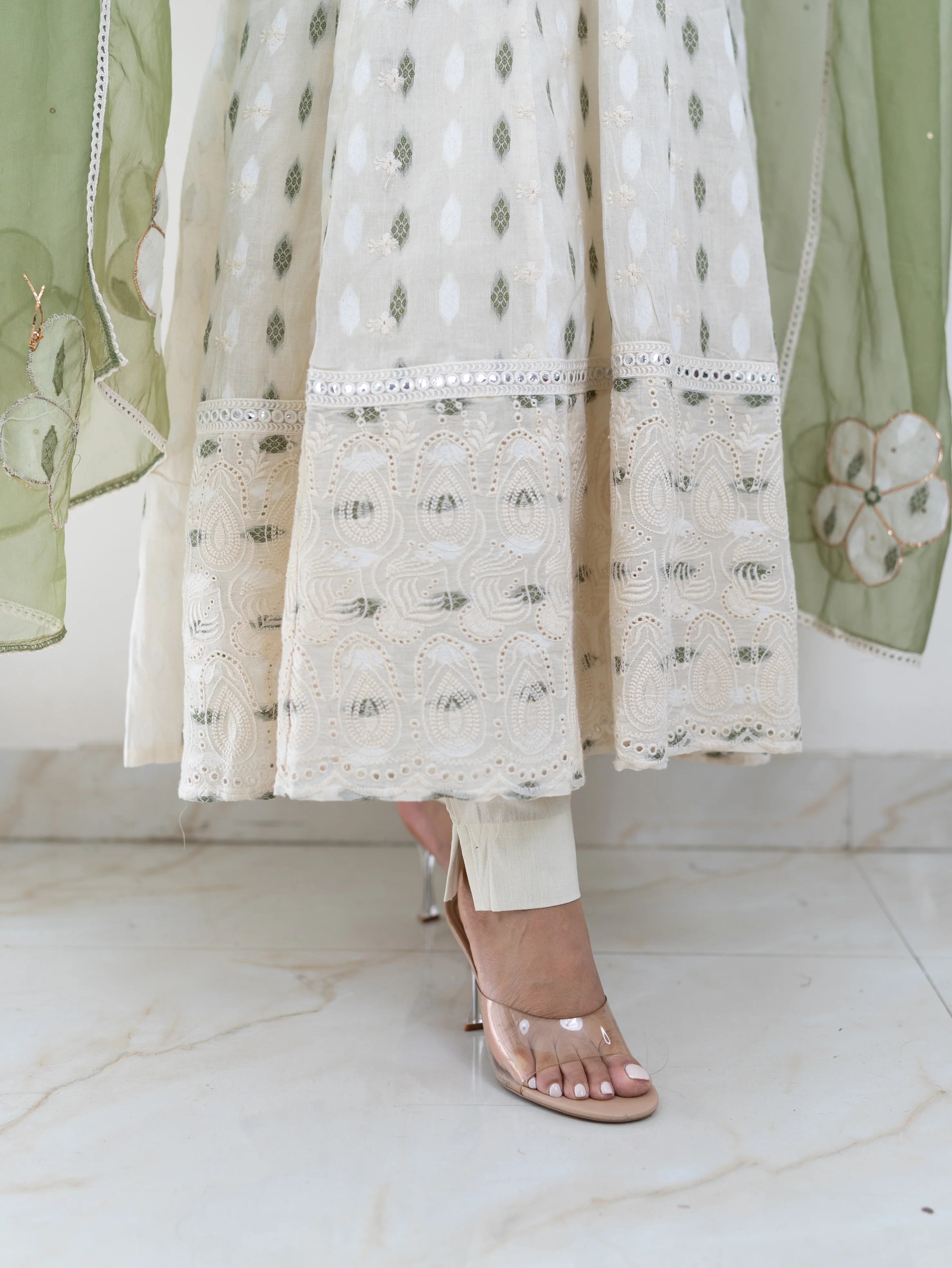 Amaisha Green Cotton Embroidered Anarkali with Applique Dupatta Set - Image 8
