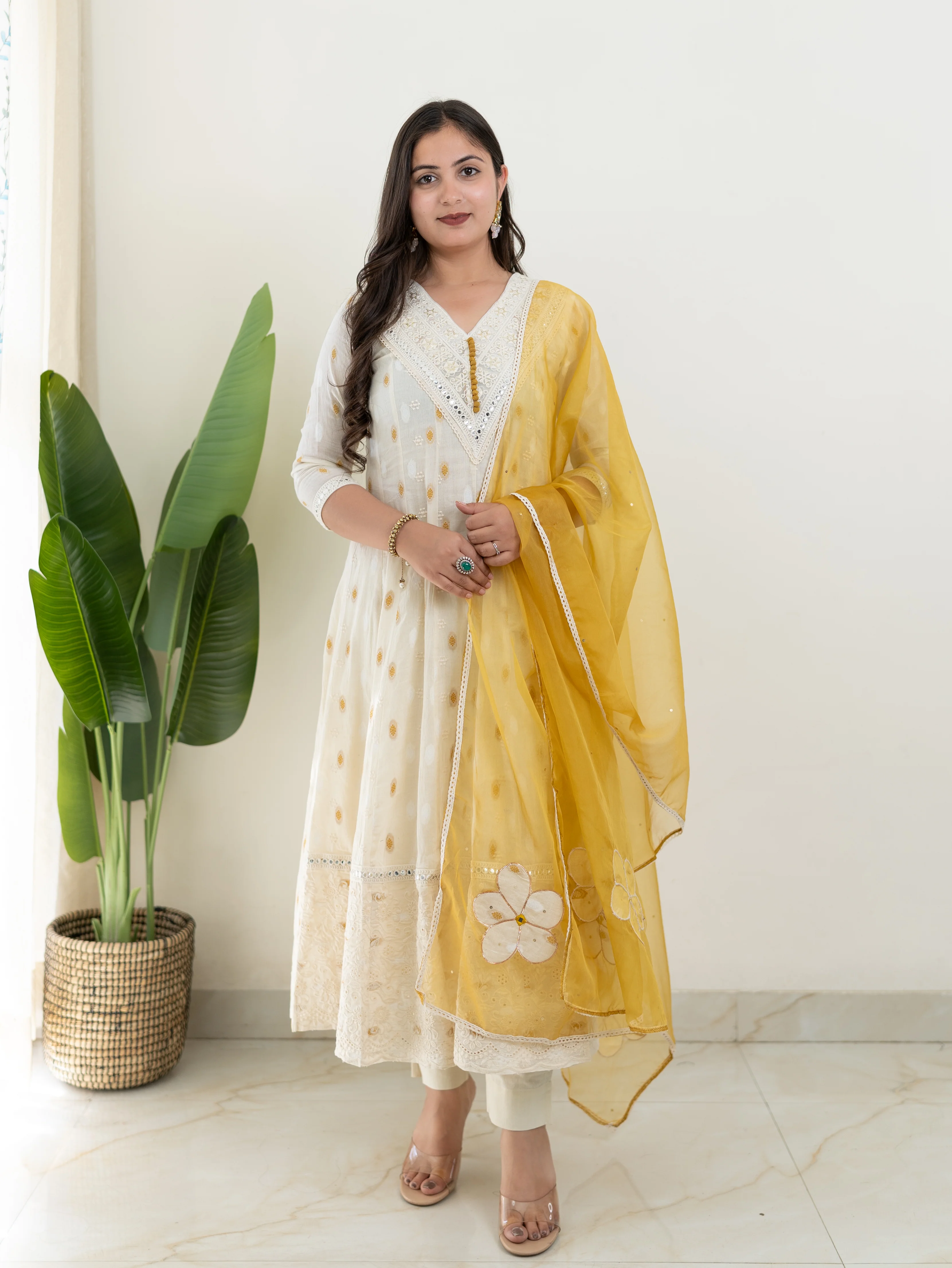 Amaisha Yellow Cotton Embroidered Anarkali with Applique Dupatta set - Image 3