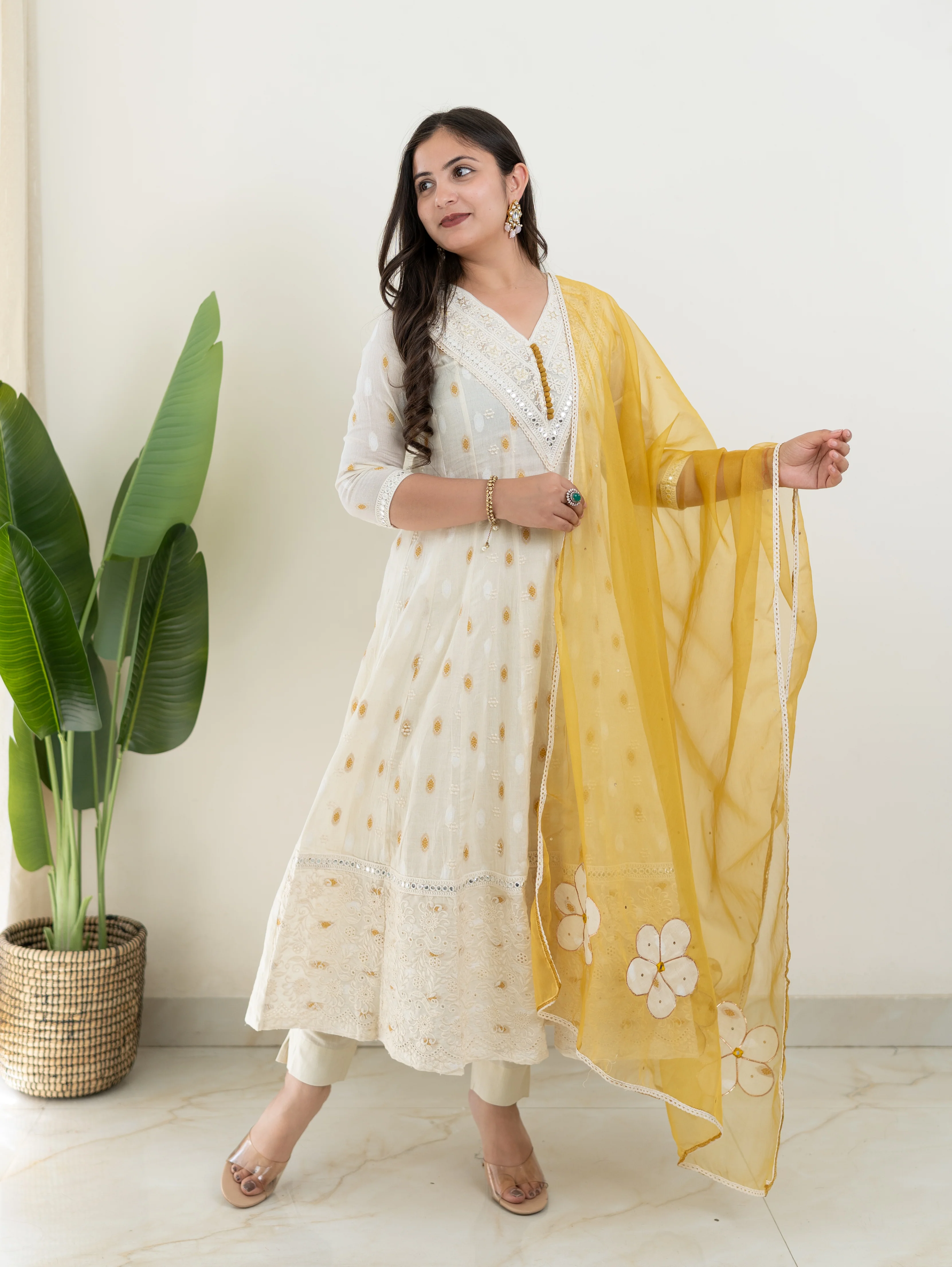 Amaisha Yellow Cotton Embroidered Anarkali with Applique Dupatta set - Image 4
