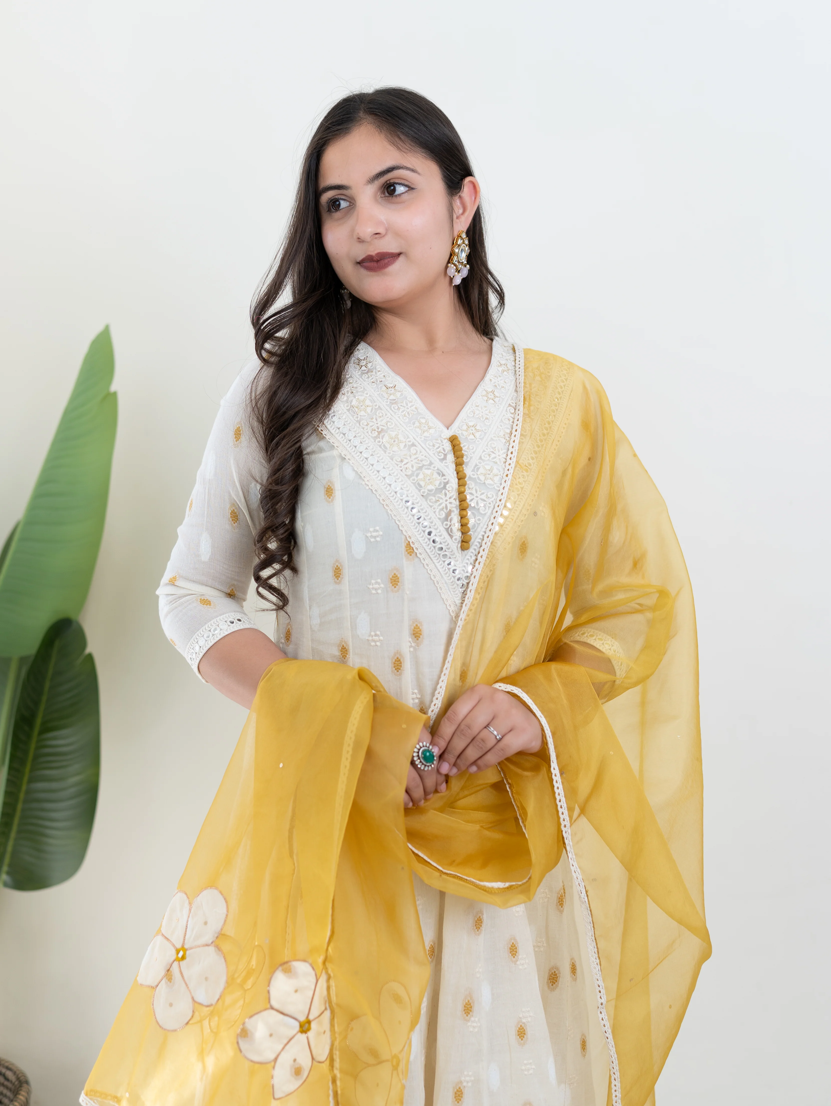 Amaisha Yellow Cotton Embroidered Anarkali with Applique Dupatta set - Image 5