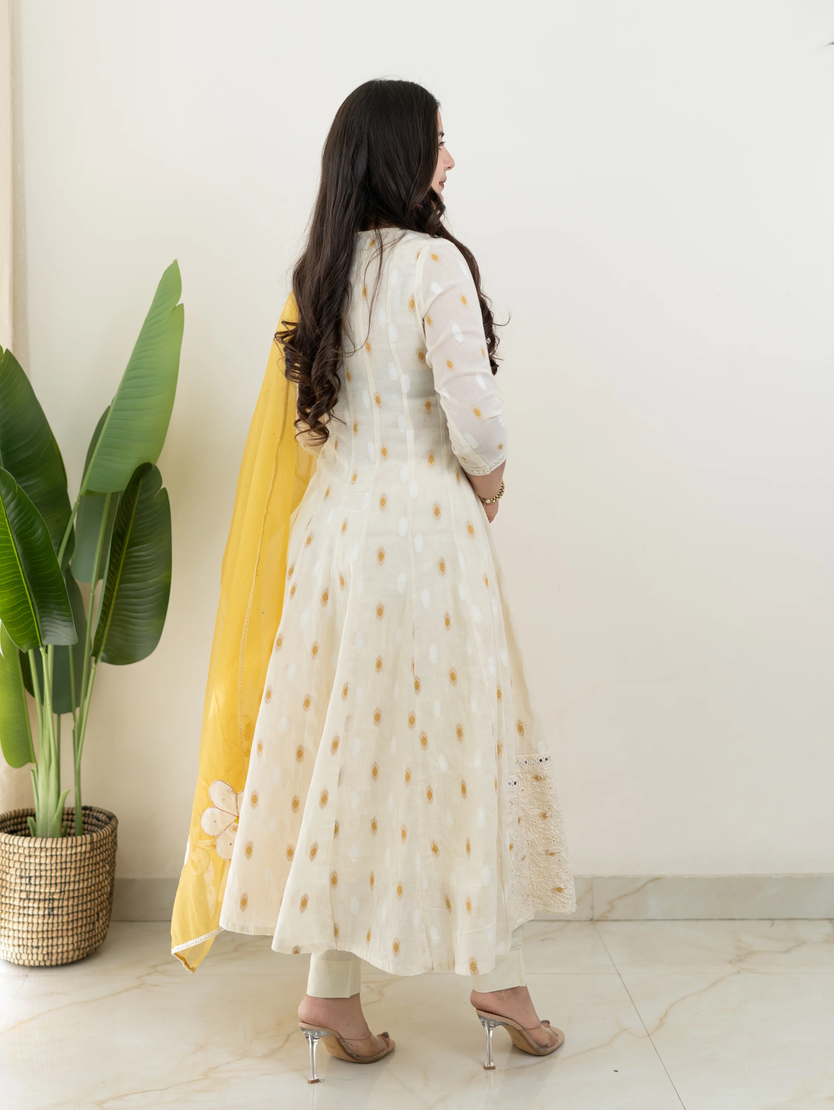Amaisha Yellow Cotton Embroidered Anarkali with Applique Dupatta set - Image 6