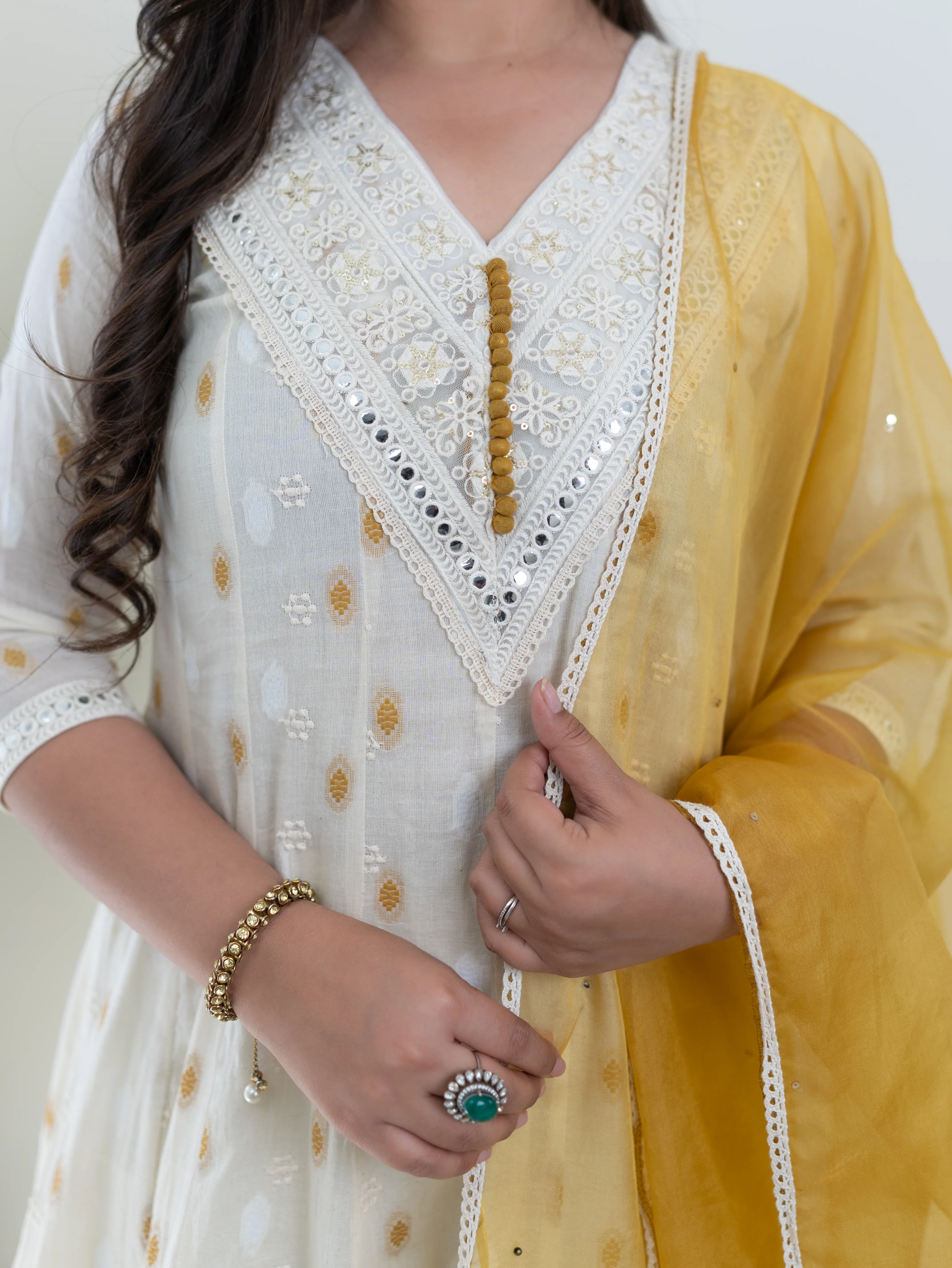 Amaisha Yellow Cotton Embroidered Anarkali with Applique Dupatta set - Image 8