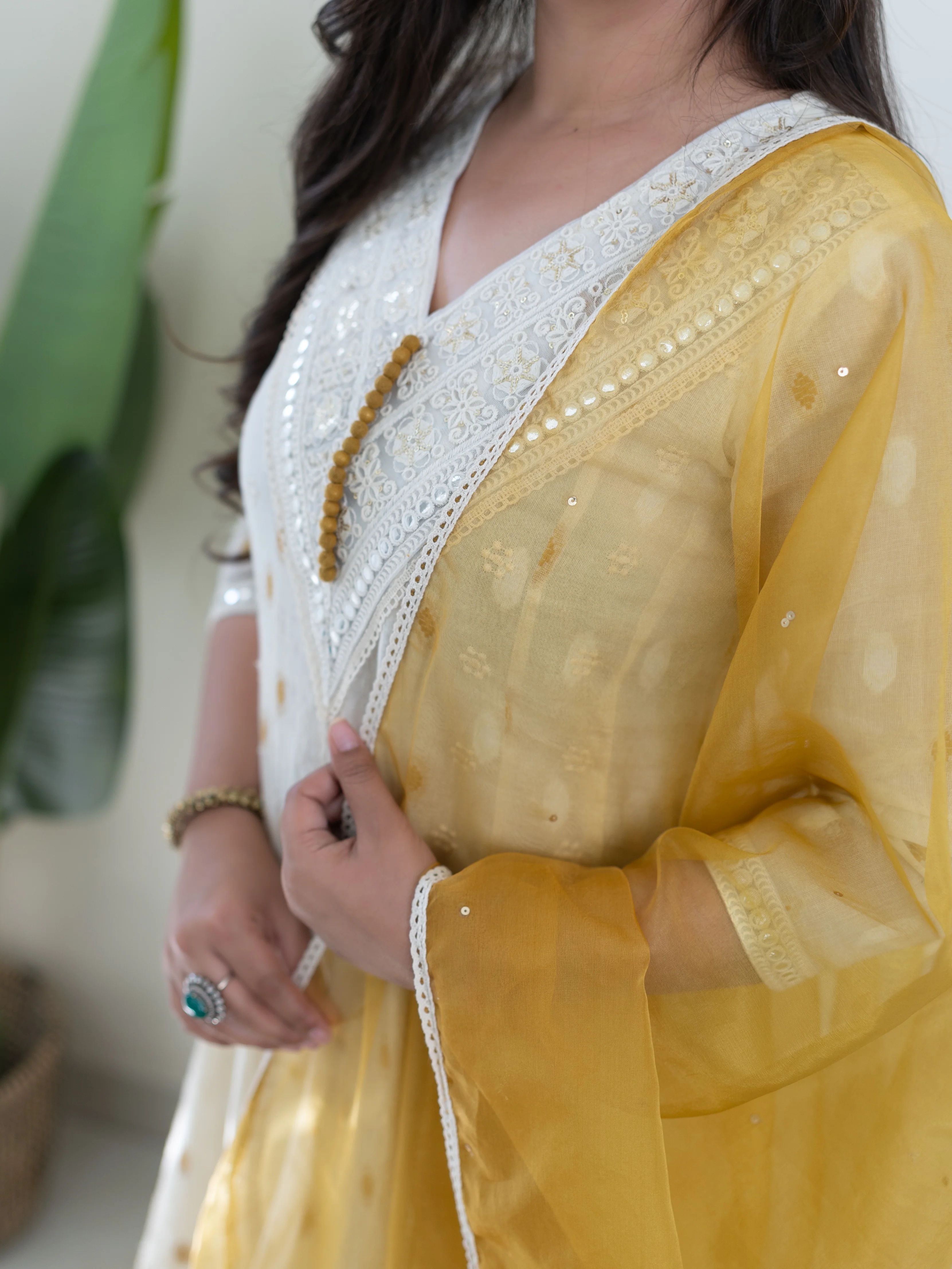 Amaisha Yellow Cotton Embroidered Anarkali with Applique Dupatta set - Image 9