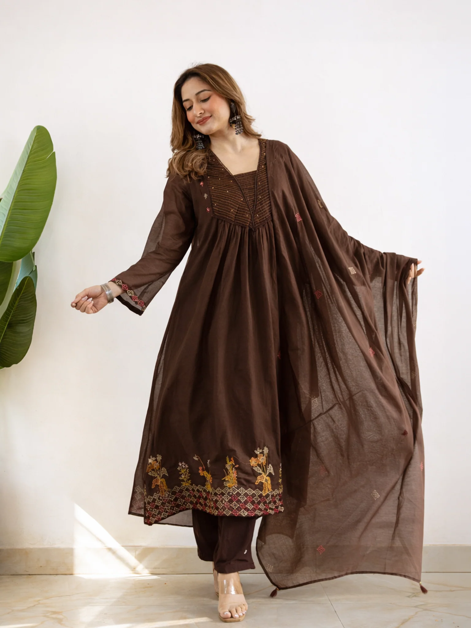 Ayla Brown Kota Doria Embroidered A-line Dupatta Set - Image 3