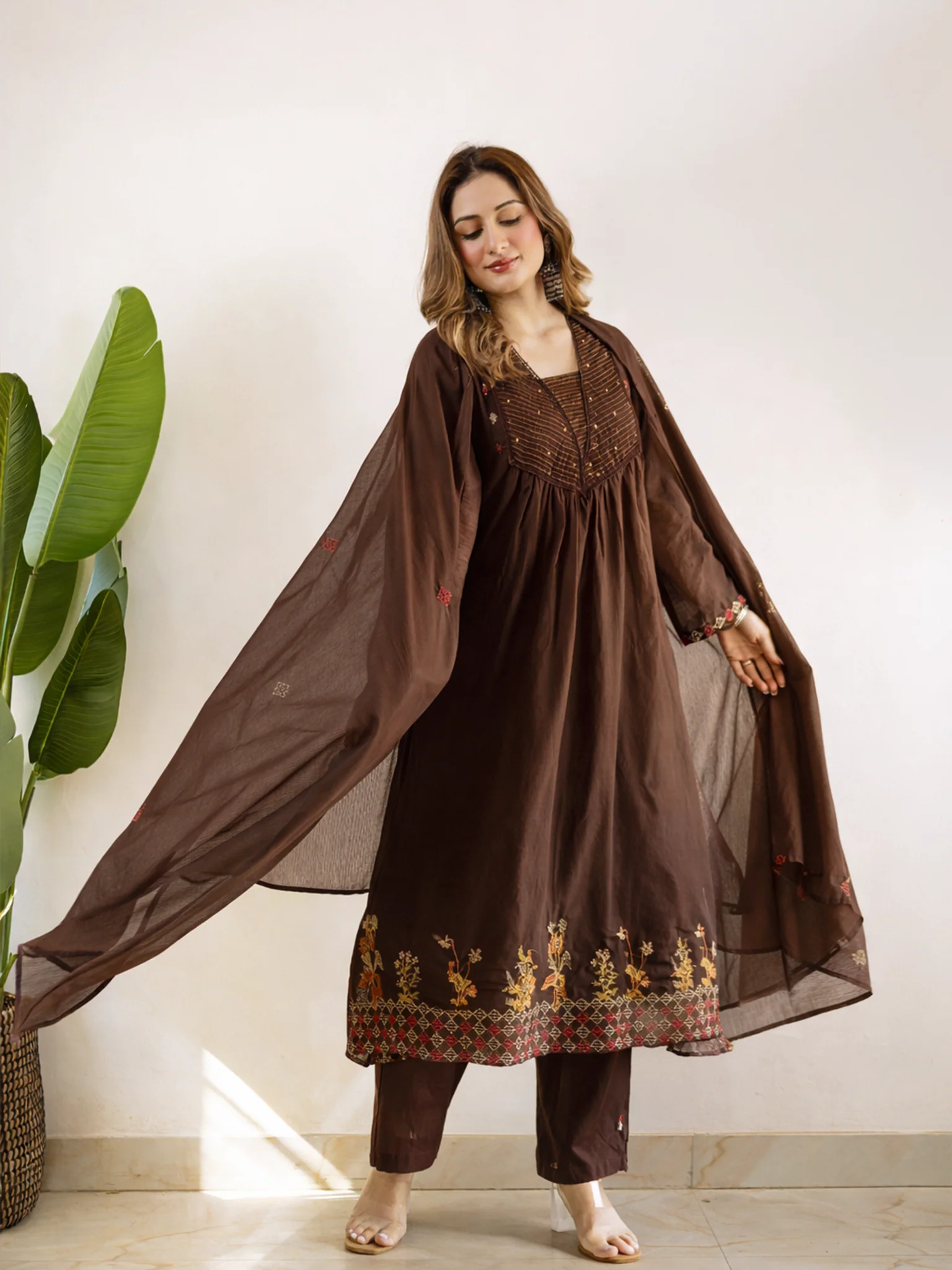 Ayla Brown Kota Doria Embroidered A-line Dupatta Set - Image 4