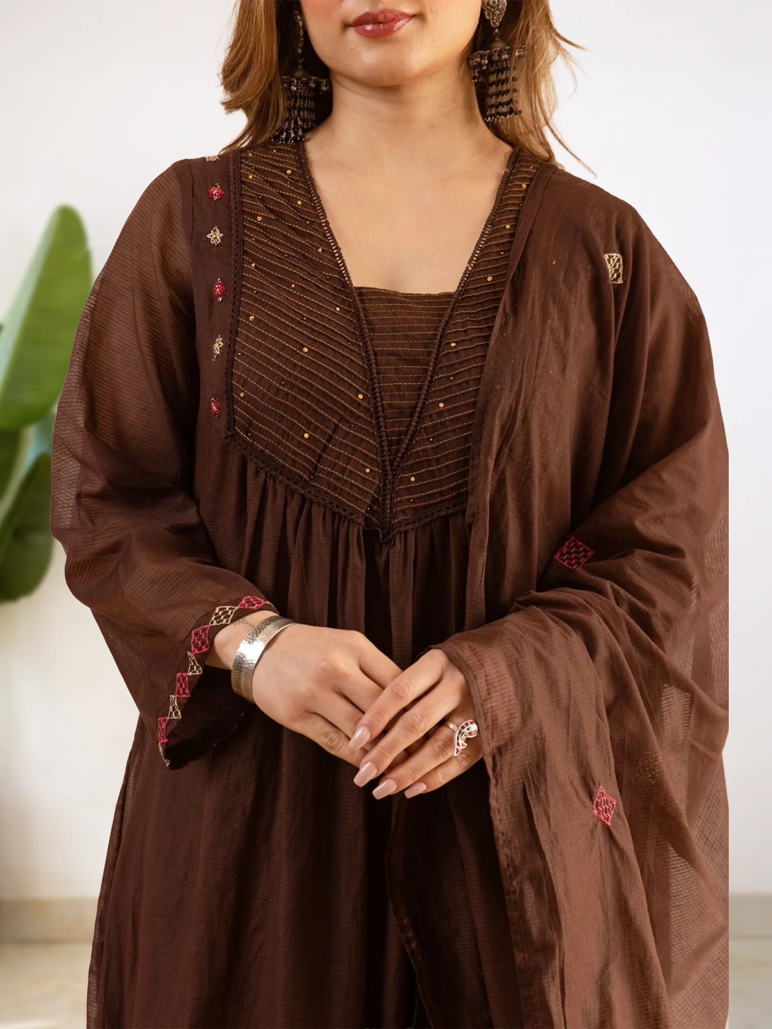 Ayla Brown Kota Doria Embroidered A-line Dupatta Set - Image 6