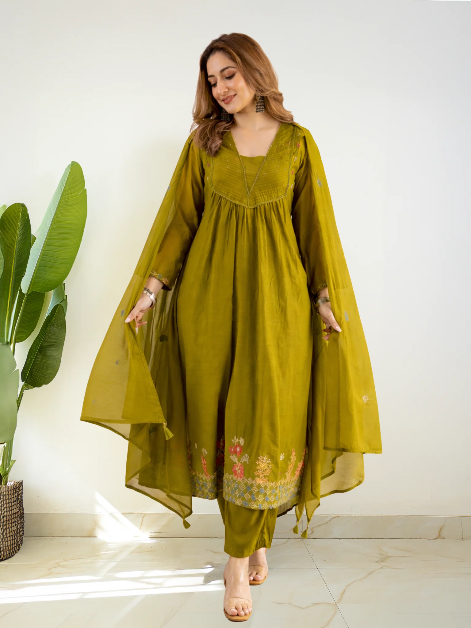 Ayla Green Kota Doria Embroidered A-line Dupatta Set - Image 3