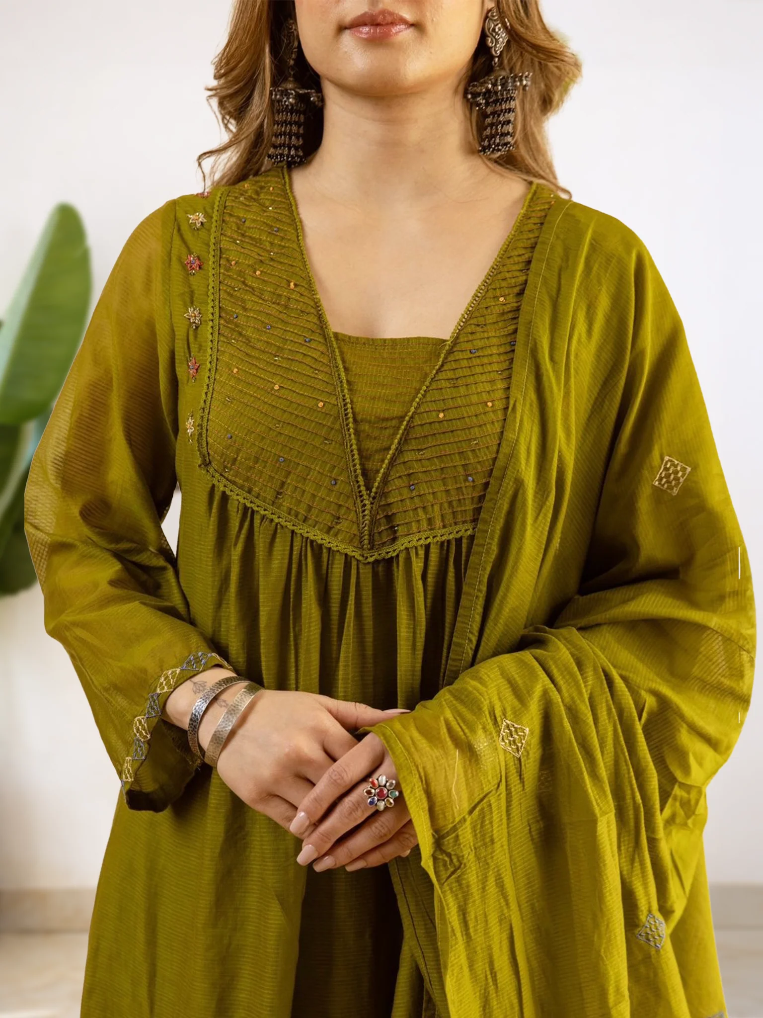Ayla Green Kota Doria Embroidered A-line Dupatta Set - Image 4