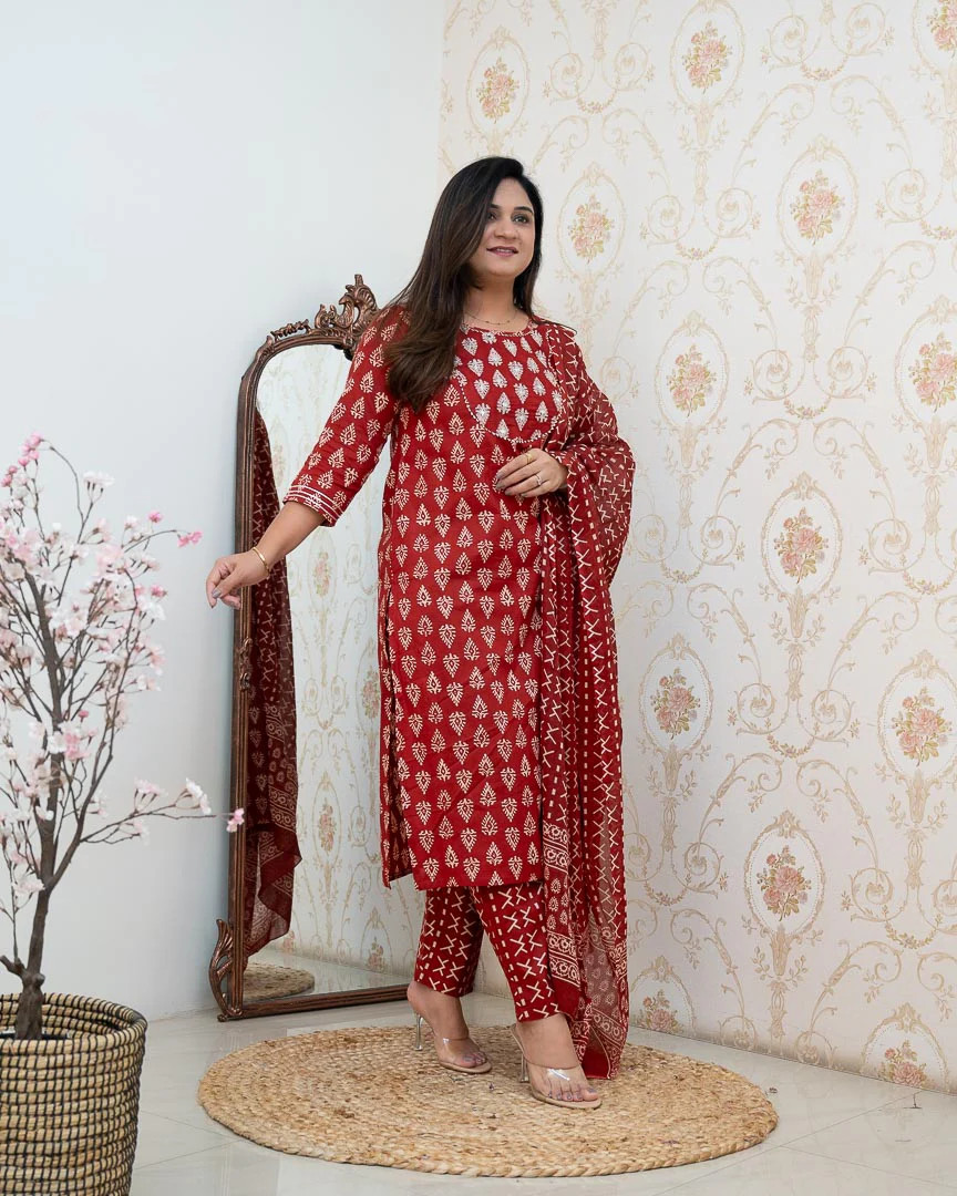 Bagru Cotton Embroidered Straight Pant Set - Image 3