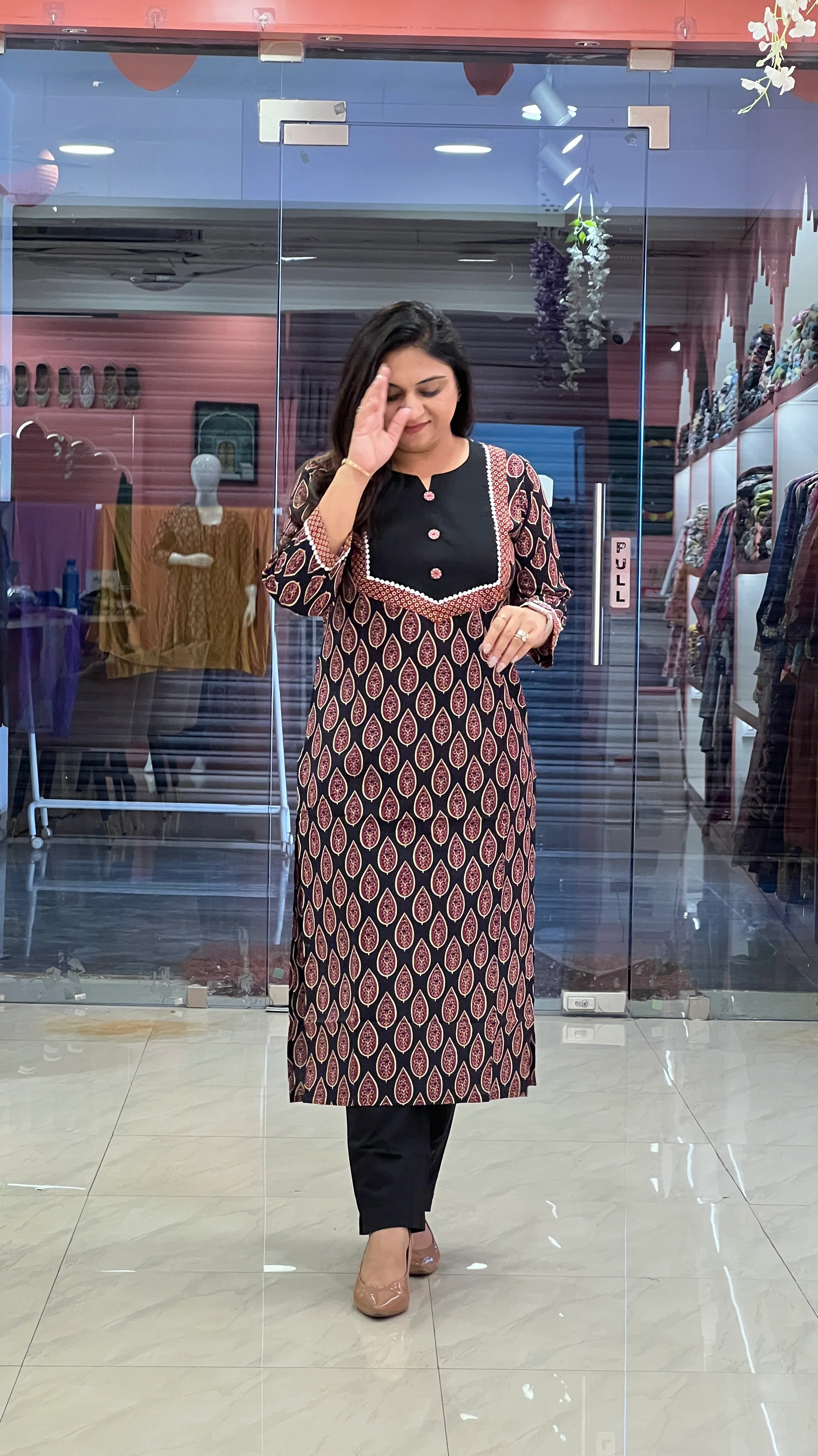 Black Ajrakh Casual Cotton Straight Kurta - Image 3