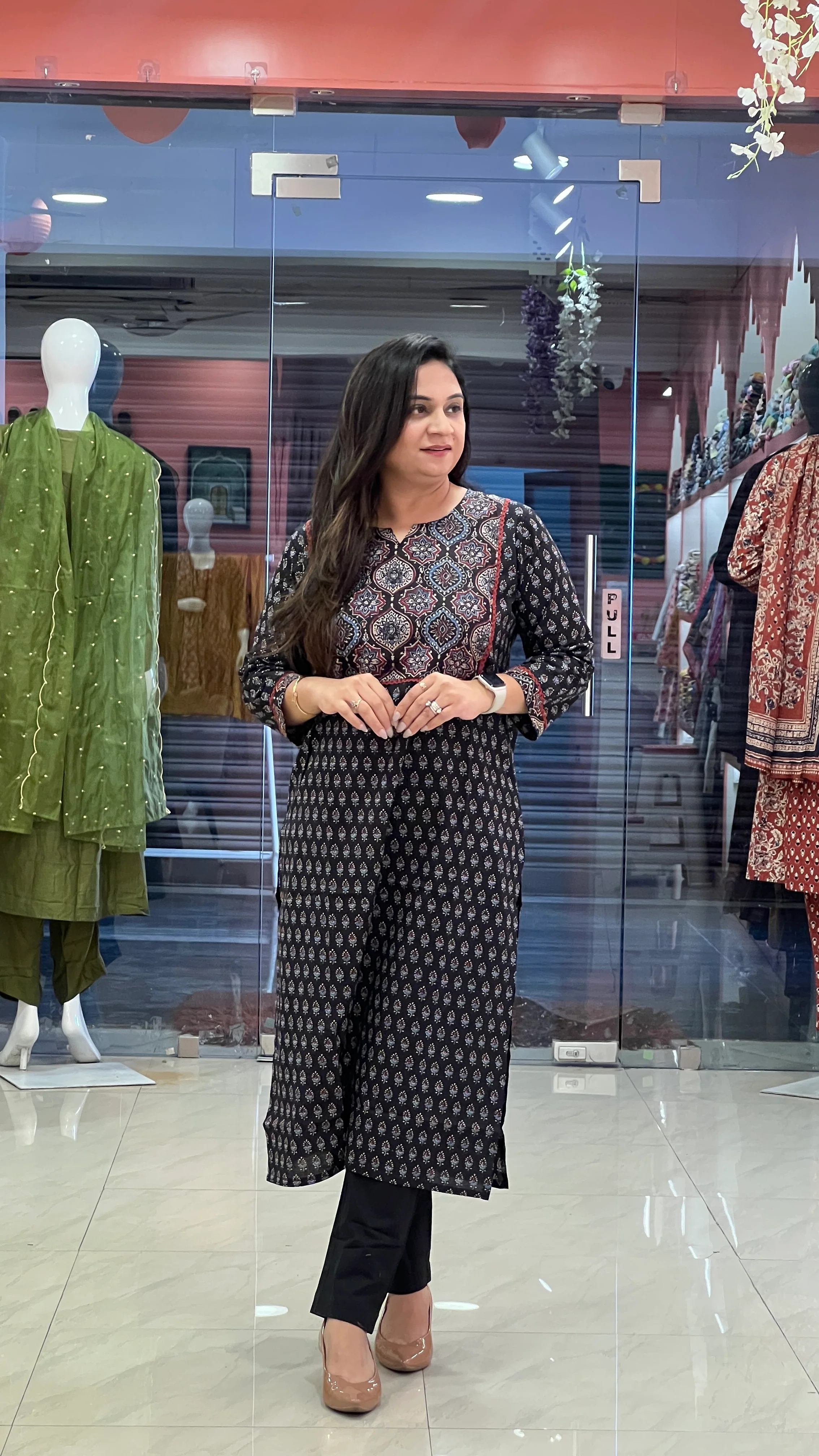 Black Ajrakh Cotton Casual Straight Kurta - Image 3