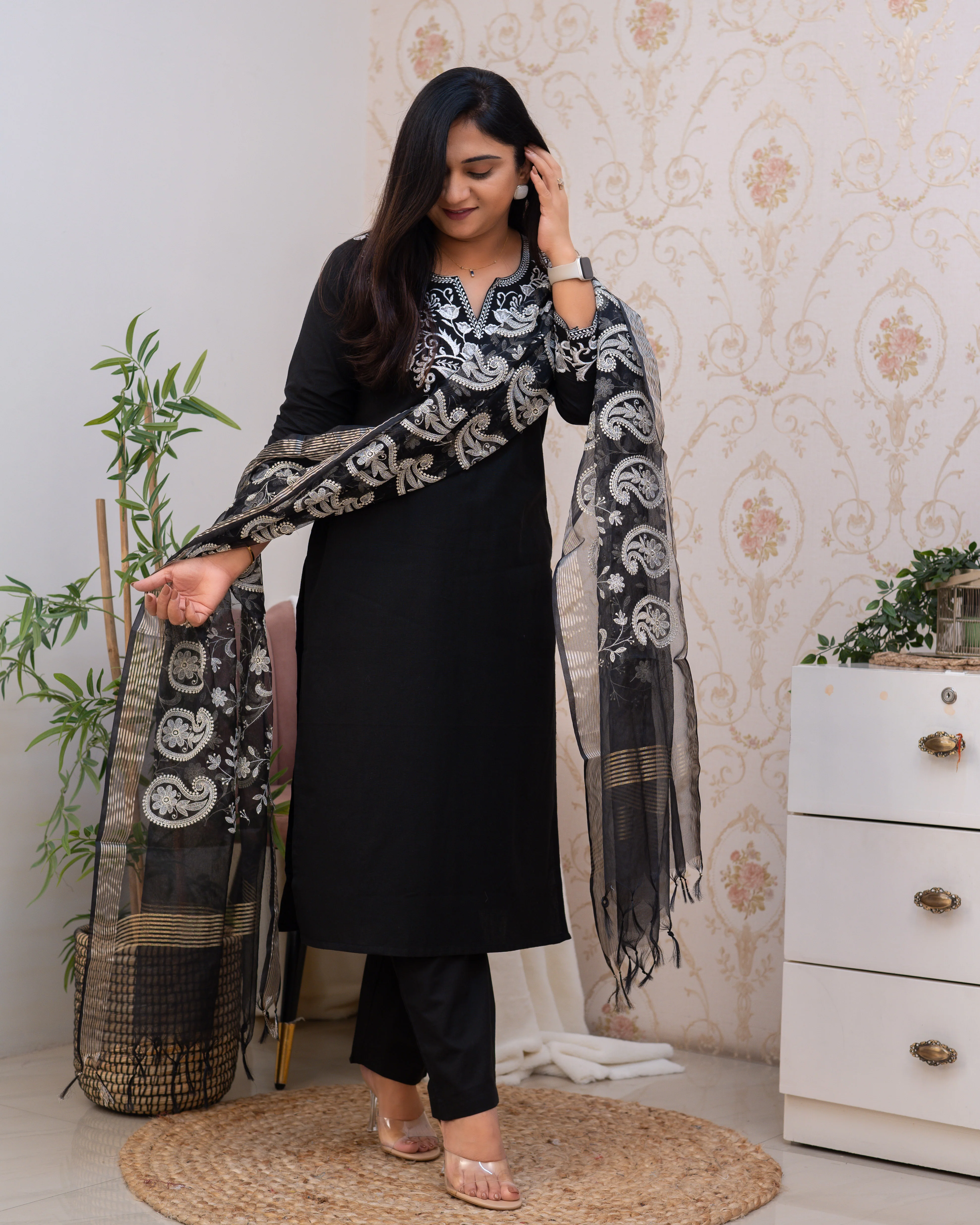 Black Cotton Embroidered Pant Suit - Image 3