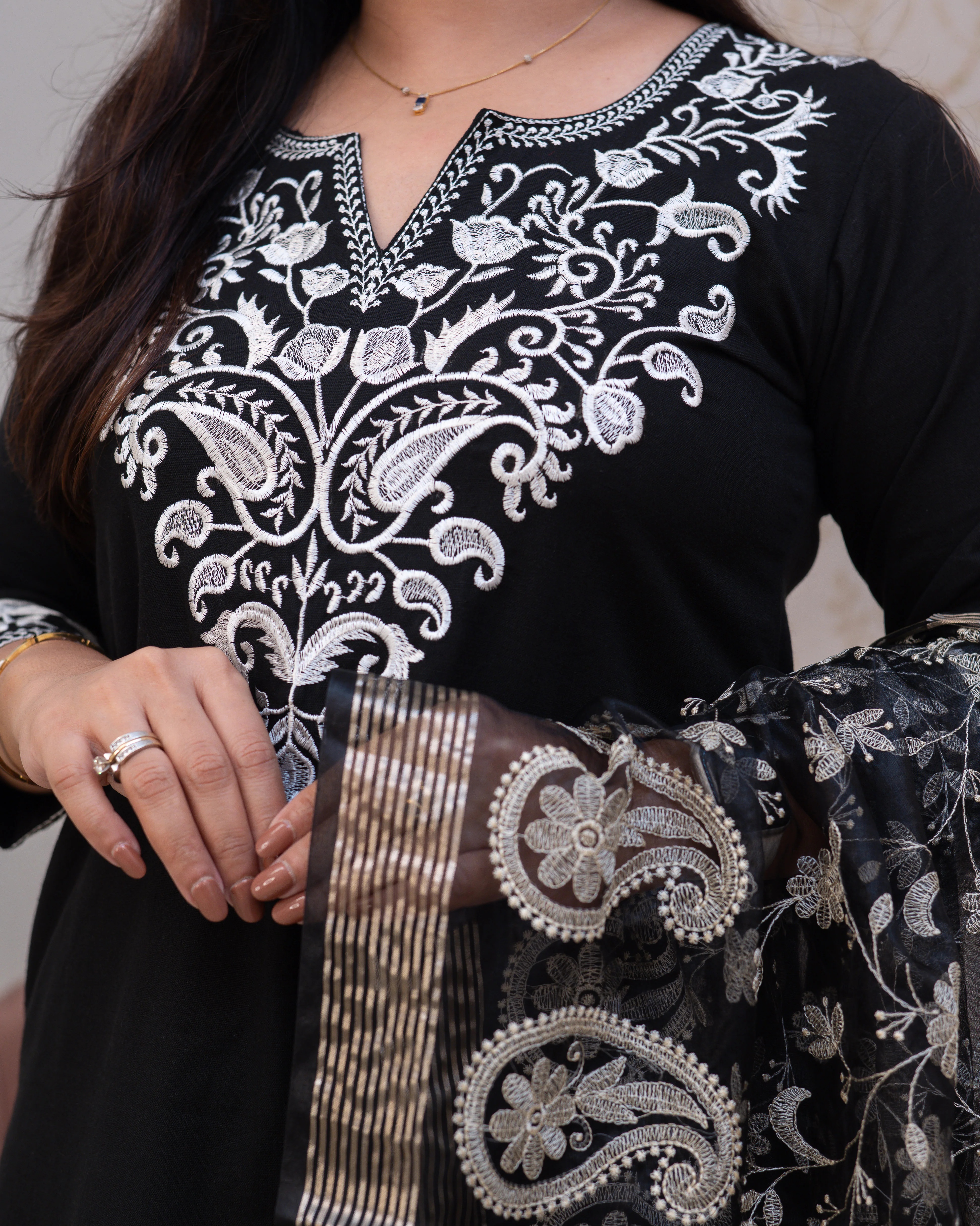 Black Cotton Embroidered Pant Suit - Image 4