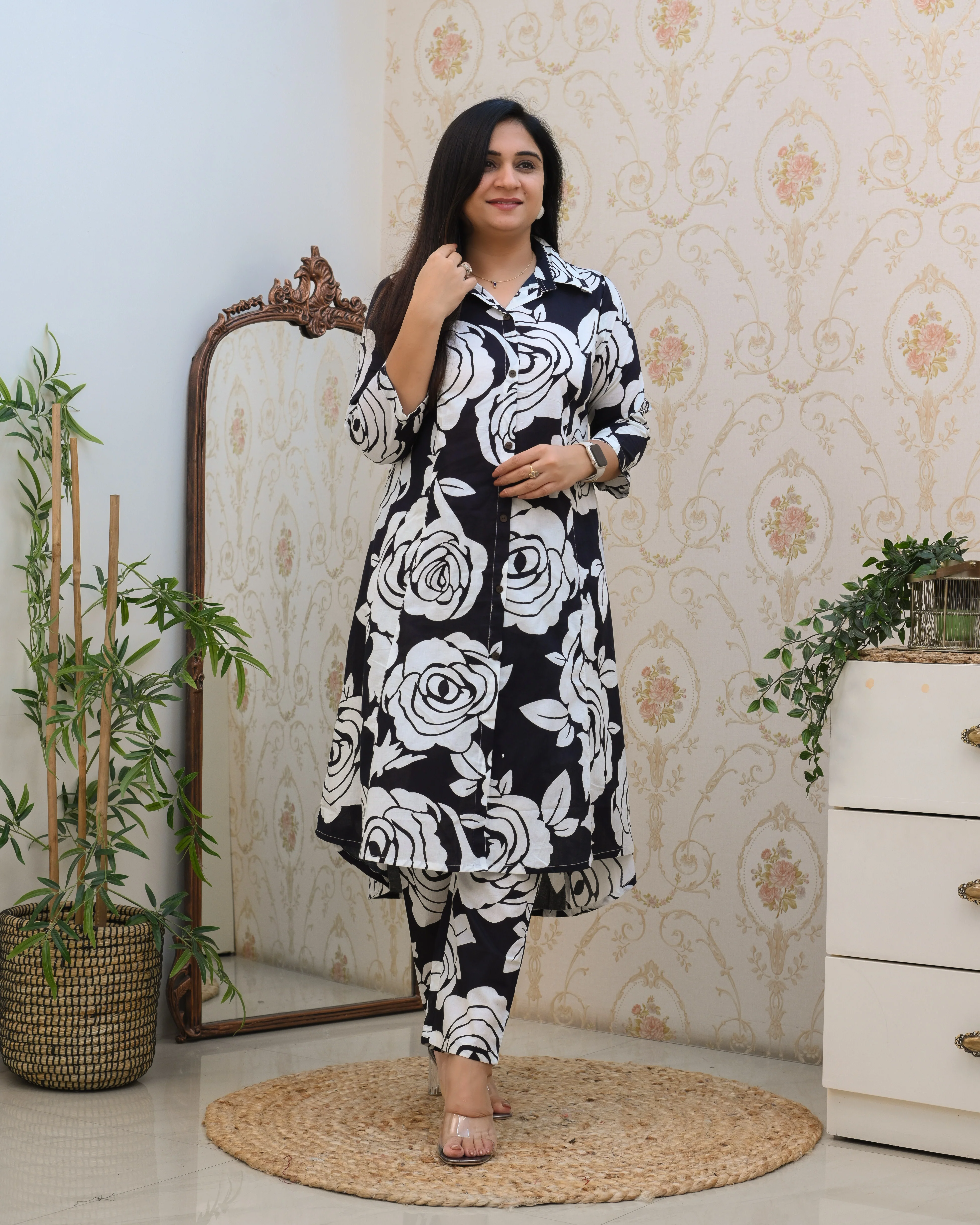 Black Floral A-line Cotton Coord Set - Image 2