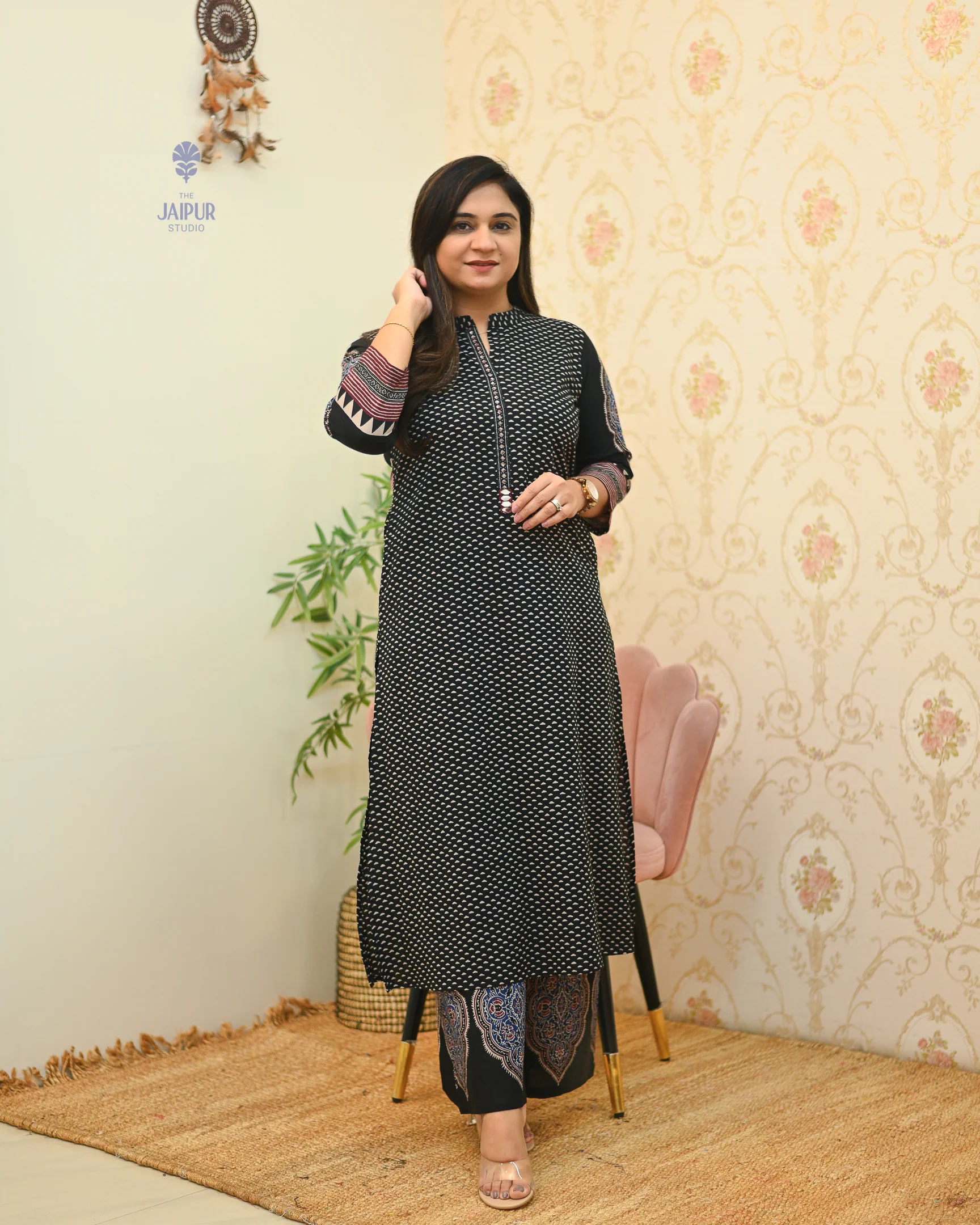 Black Handblock Embroidered Coord Set - Image 3